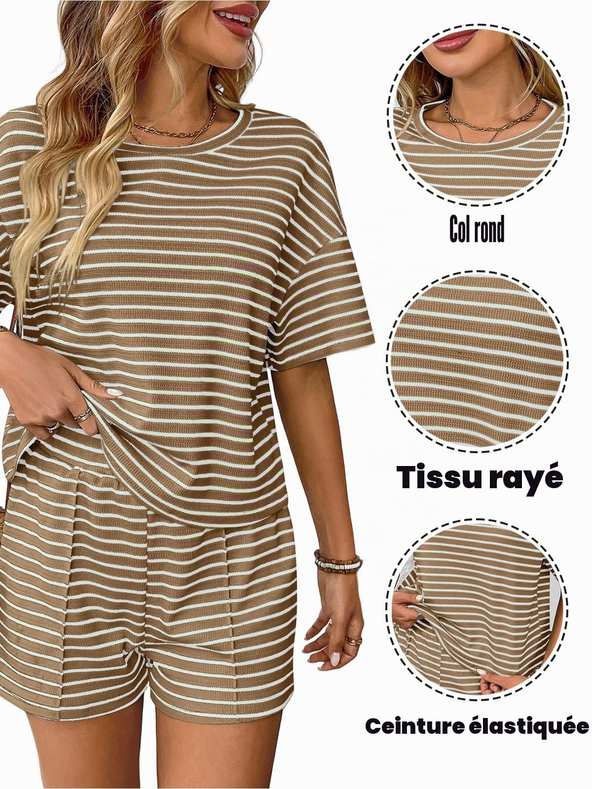 Ensemble Survetement Femme Short et Tee Shirt Manches Courtes Ete 2 Pieces Bermudas Pyjama Rayée de Sport