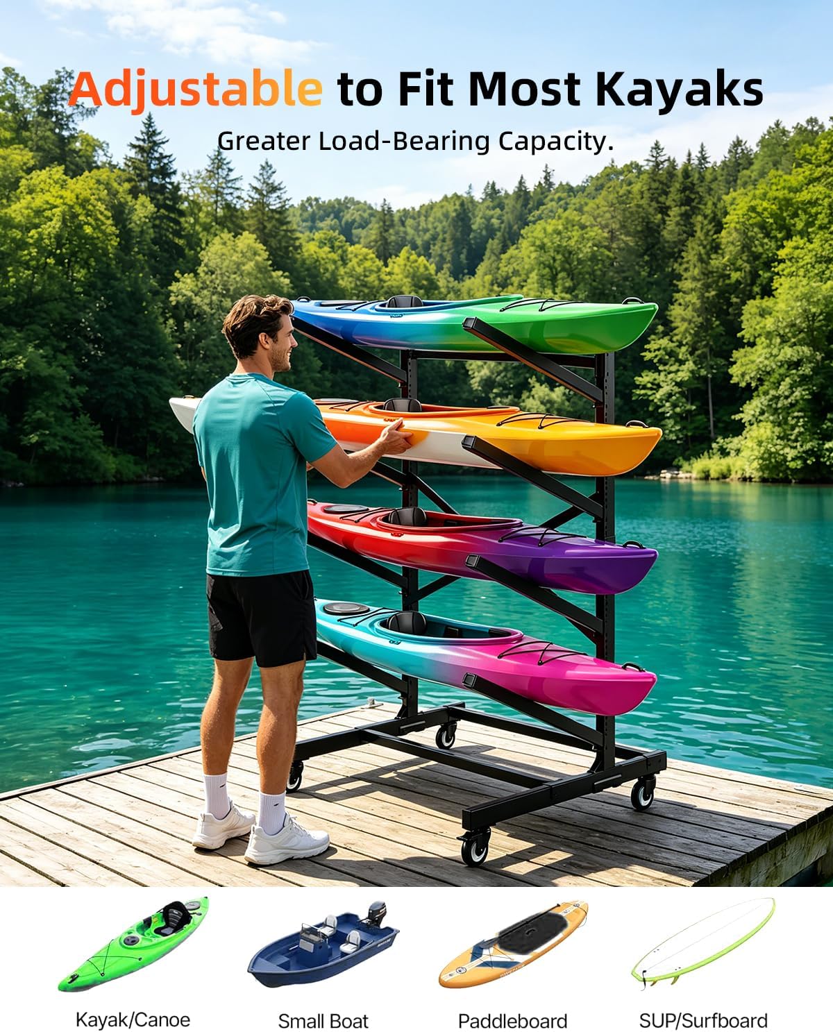 2/4-Tier Double-Sided Kayak Storage Rack with Wheels, Heavy Duty Freestanding Canoe Stand for 2～8 Kayaks, 600lbs Capacity, Adjustable Arms, Indoor Outdoor Garage