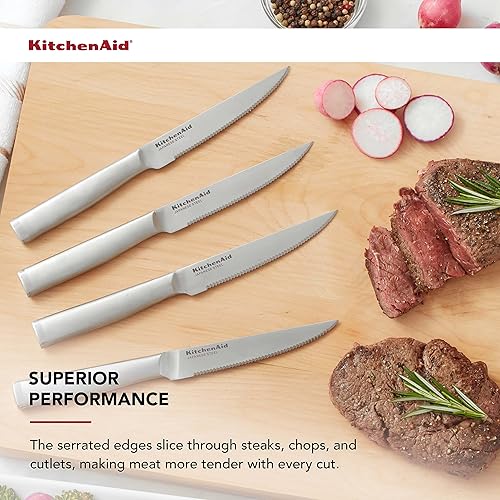Miniatura 3 de KitchenAid Gourmet - Juego de cuchillos forjados para carne, acero inoxidable japonés de alto carbono, 4 piezas, acero inoxidable cepillado