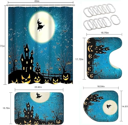 Miniatura 7 de Ikfashoni Juego de 4 cortinas de ducha de Halloween con alfombras antideslizantes, cubierta para tapa de inodoro y tapete de baño, cortina de ducha