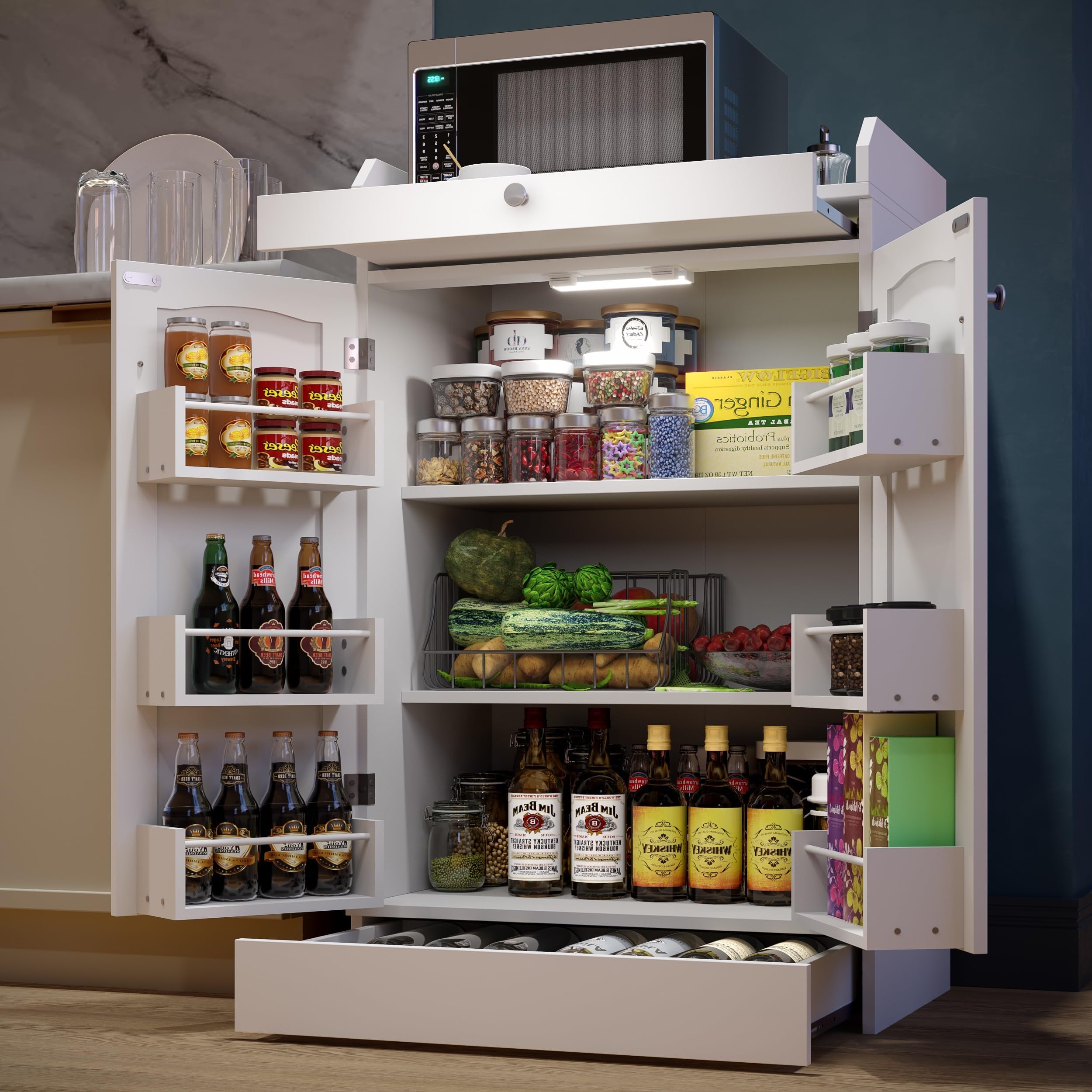 41" LED Kitchen Pantry Storage Cabinets - Buffet Coffee Bar Microwave Cabinet with Countertop and Drawers, 2 Doors and Ajustable Shelves for Small Space in Dining or Living Room, White