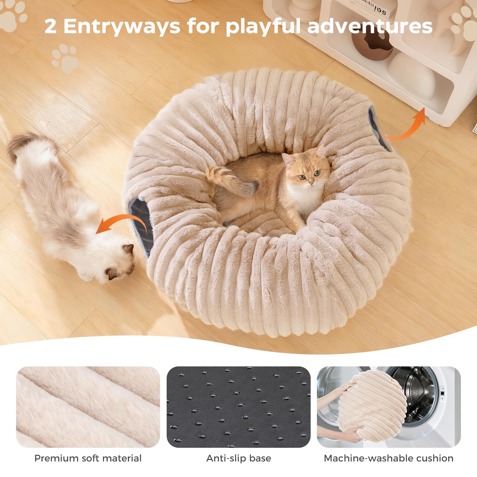 Avont Tunnel pour Chat Modulable, Tunnel Intérieur pour Jeu et Dormir, Lit Rond sous Le Sapin, Panier Chaud Moelleux pour Chat, Cabane Sapin de Noël, Donut avec Balles Suspendues et Fenêtres -Marron