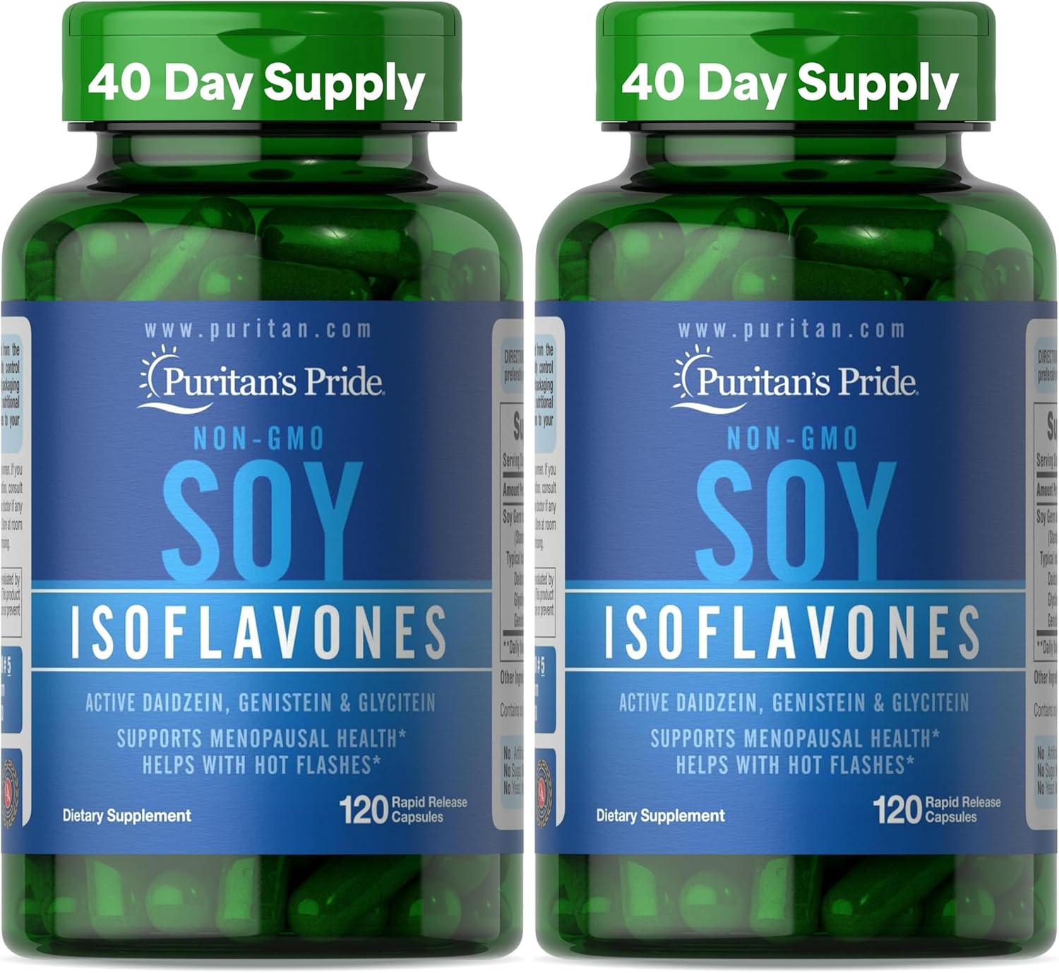 Puritan's Pride Non-GMO Soy Isoflavones 750mg, Dietary Supplement with Active Daidzein, Genistein, and Glycitein Supports Menopause and Hot Flashes, 120 Rapid Release Capsules (Pack of 2)