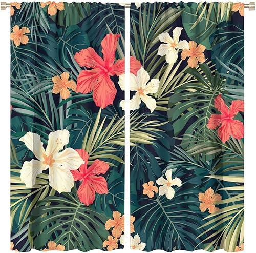 Miniatura 10 de Cortinas de hojas tropicales y flores, estilo retro, hojas de plátano verde, con diseño de paisaje tranquilo, bolsillo para barra, cortinas opacas