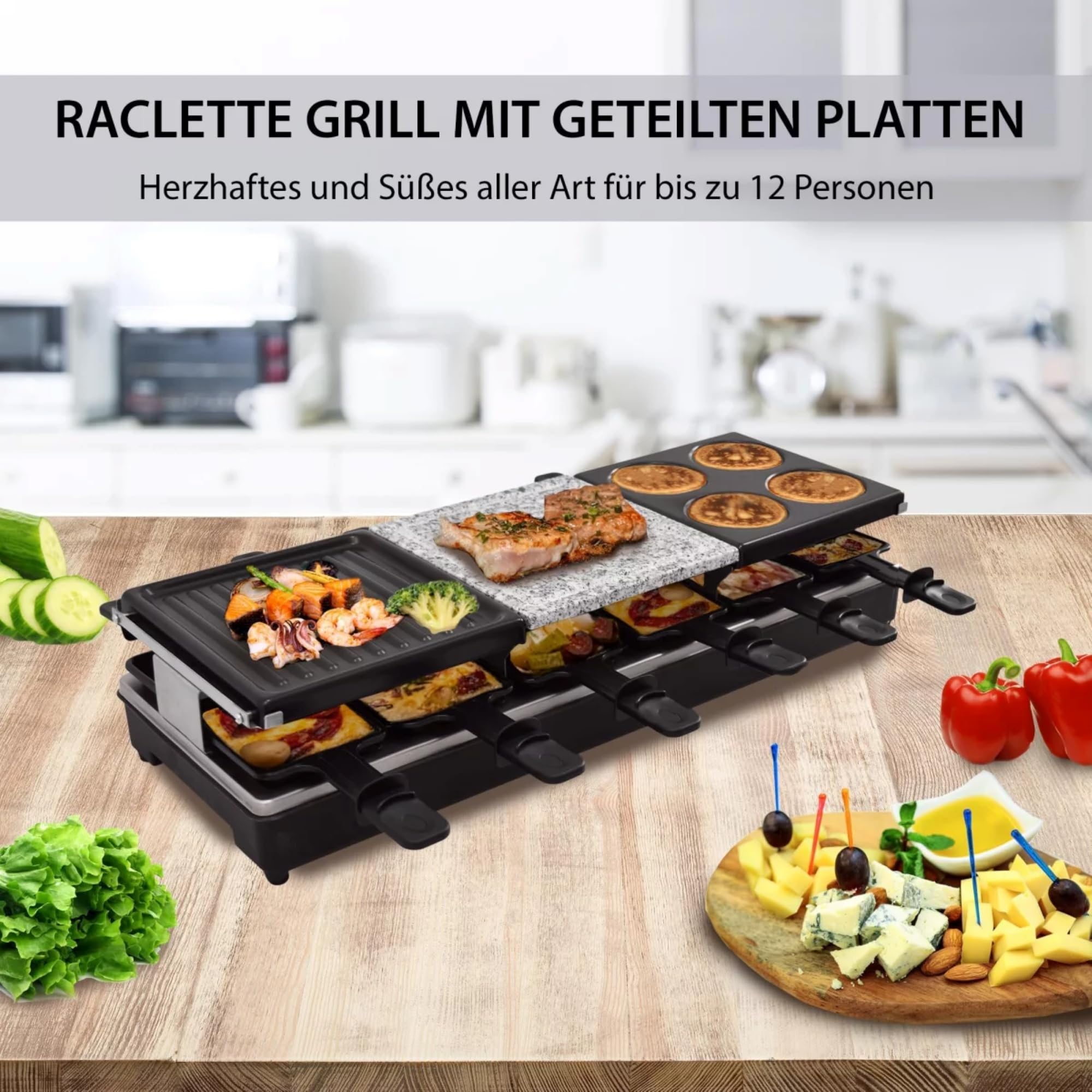Syntrox Germany Raclette-Grill Oberwil mit geteilten Platten, Tischgrill, Partyraclette für 12 Personen 1350Watt, Raclette Zubehör, Multifunktional und Kompakt, 6 Kg, Party Zubehör