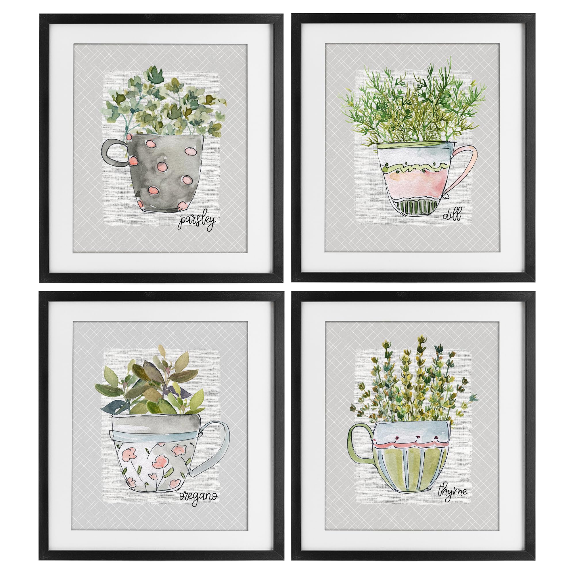 Herbs in Mugs Botanical, 13 x 16 Inch Framed Print Under Glass Set