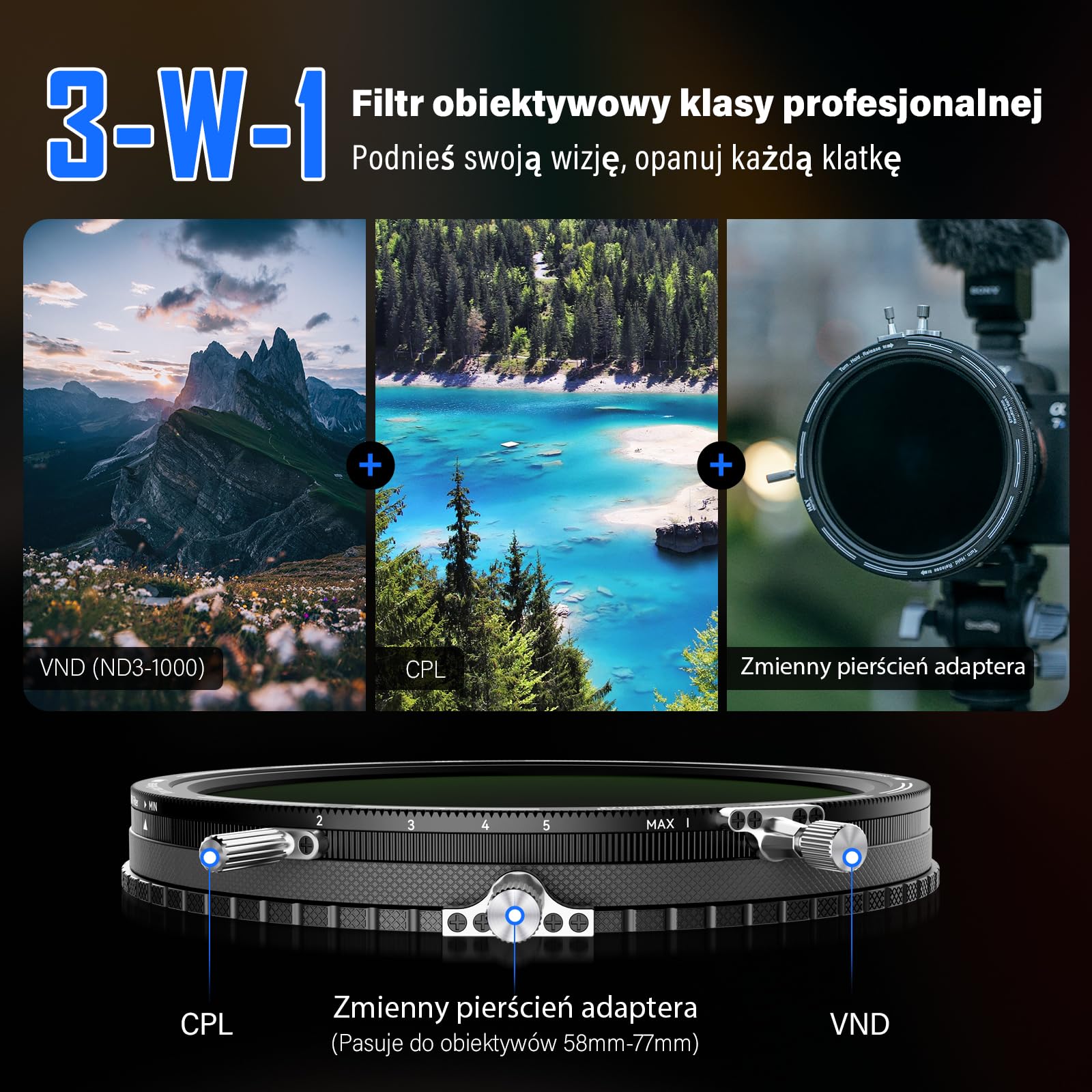 H&Y RevoRing MKⅡ 58 mm 62 mm 67 mm 72 mm 77 mm Filtr ND o zmiennej gęstości i polaryzator CPL, filtr obiektywu 3 w 1 VND (ND3-1000) z regulowanym pierścieniem adaptera, 22 wielowarstwowa powłoka nano