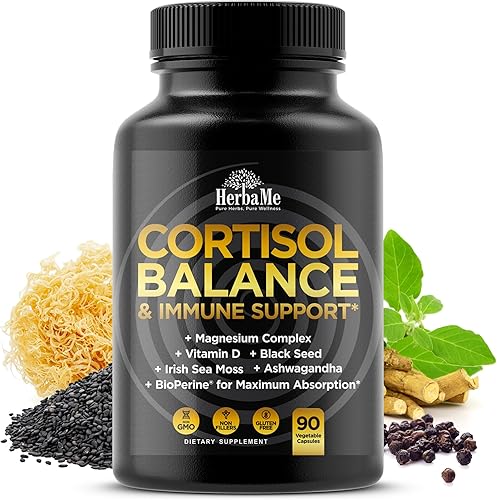 Suplemento de equilibrio de cortisol y apoyo inmunológico con Ashwagandha, musgo marino irlandés, semillas negras, vitamina D y complejo de magnesio