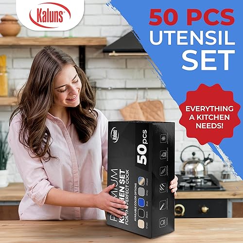 Miniatura 4 de Kaluns Juego completo de utensilios de cocina de silicona, 50 piezas, resistente al calor, antiadherentes, con asas de madera, 800 F, resistentes al