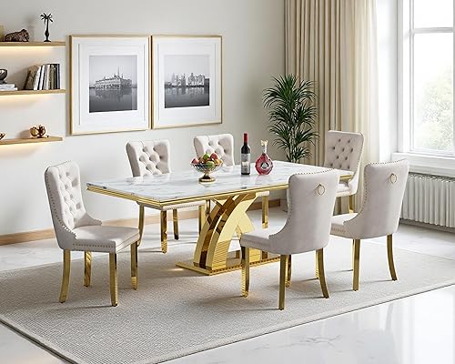 Miniatura 109 de Juego de mesa de comedor de mármol sintético, 7 piezas, juego de mesa de cocina y comedor para 6, mesa de comedor rectangular blanca de 70 pulgadas