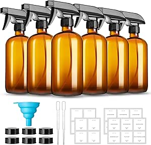 GIVAMEIHF 16oz Amber Glass Spray Bottles,6 Pack Glass Spray Bottles Refillable Empty Bottle with Adjustable Nozzle,Spray Bottle for Essential Oils,Cleaning,Pets,Hair Mister