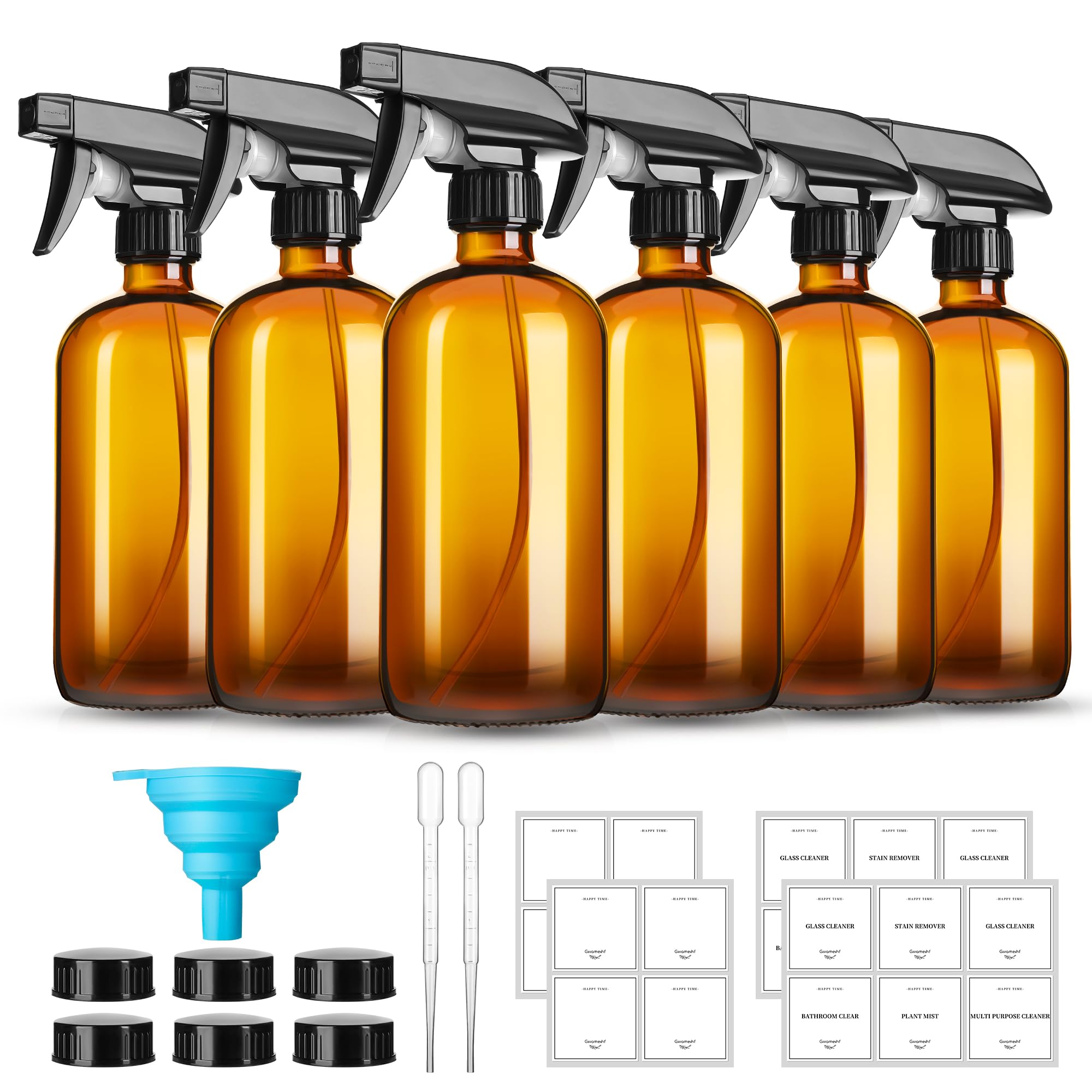 GIVAMEIHF 16oz Amber Glass Spray Bottles,6 Pack Glass Spray Bottles Refillable Empty Bottle with Adjustable Nozzle,Spray Bottle for Essential Oils,