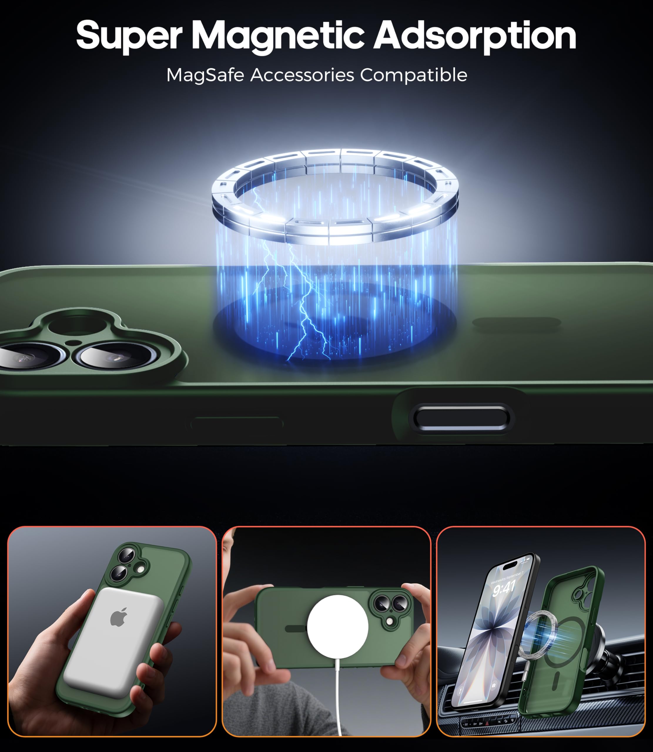 FLLAO Magnetica Cover per iPhone 17 e 2 Pellicole in Vetro Temperato, Custodia iPhone 17 Compatibile con Magsafe, Traslucida Opaca Posteriore Sottile Antiurto Protettiva Case, Verde