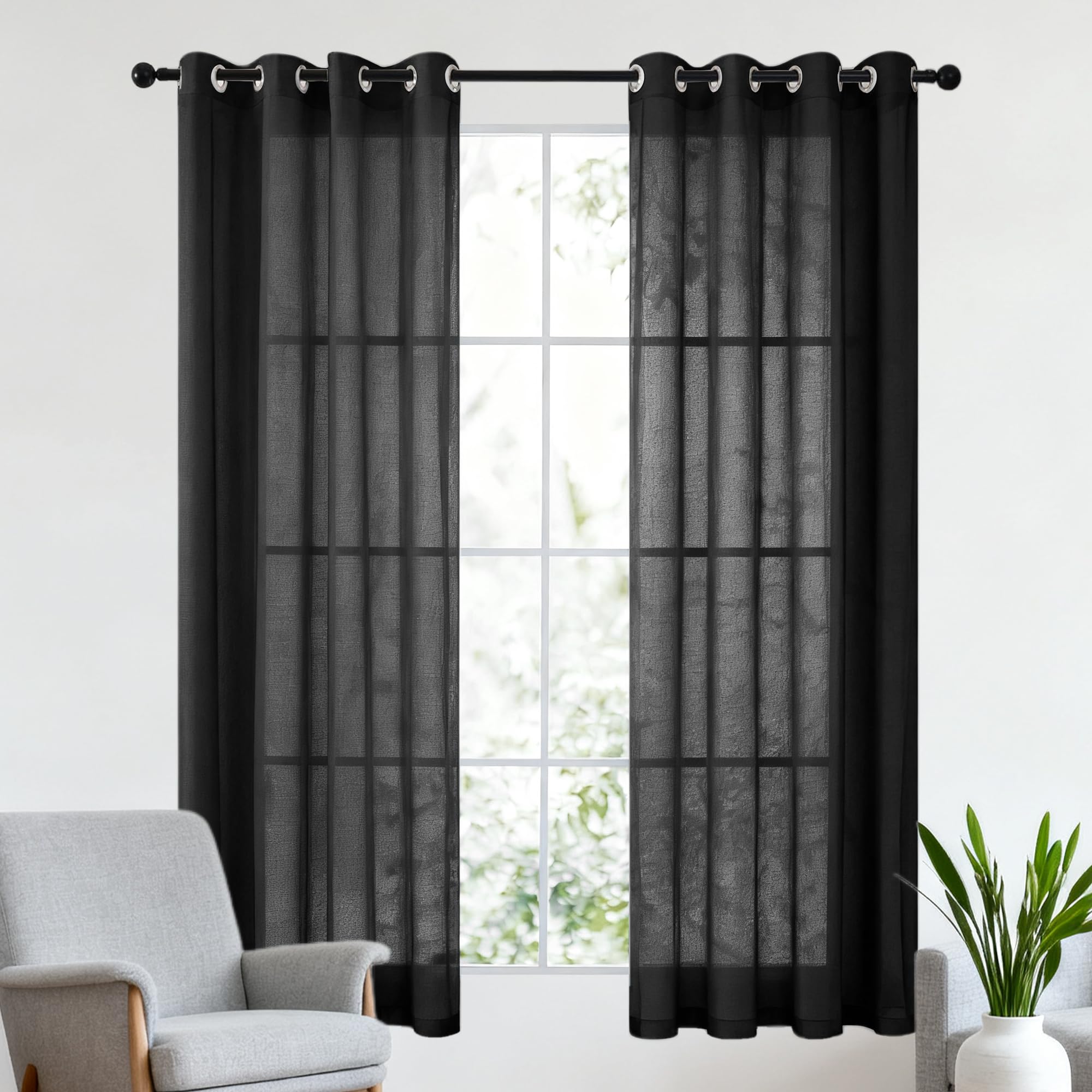Firana Gotowa Woalowa 380 x 170 cm Półprzezroczyste Zasłony Oczkowe Elegancka, Wysokiej Jakości Glamour Do Sypialni, Salonu, Pokoju Dziecięcego, Czarny