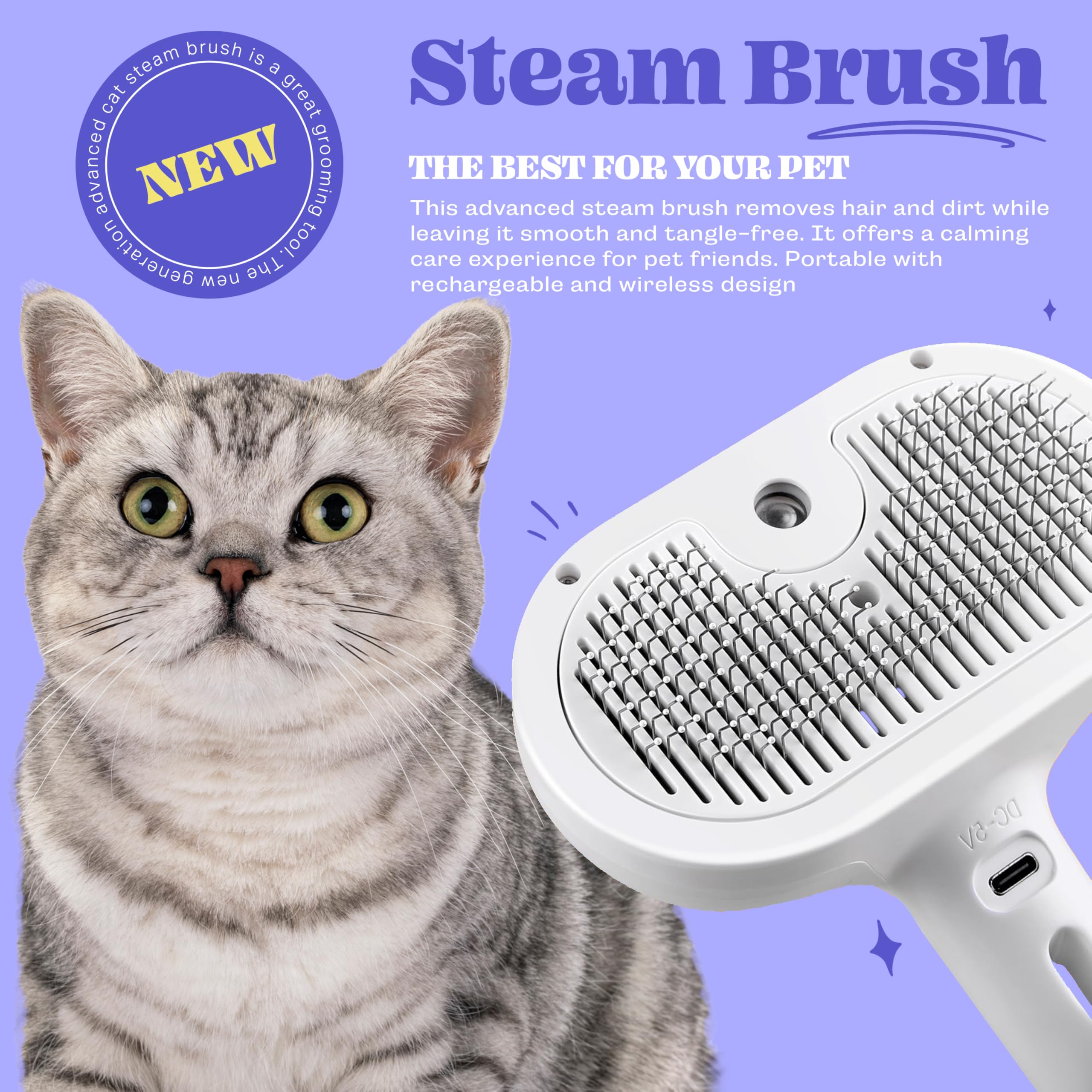 Brosse à vapeur pour chat, brosse rechargeable en silicone pour la perte, outil d'épilation 3 en 1, brosse auto-nettoyante pour chat, brosse pour massage, brosse pour chien pour la perte de poils,