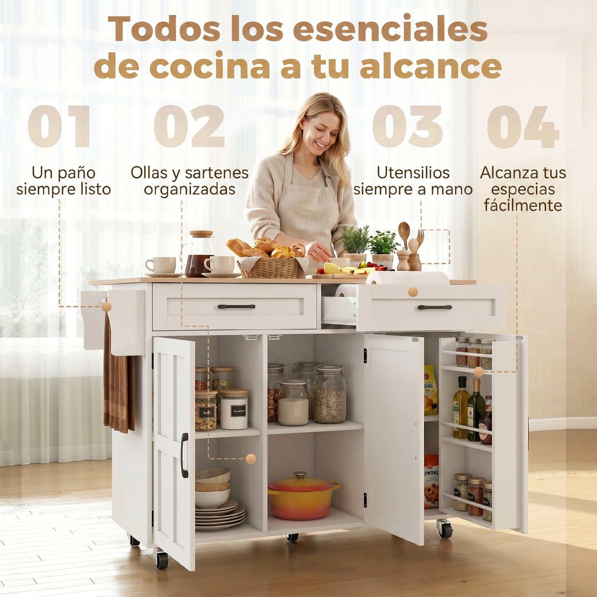 HOMCOM Isla de Cocina con Encimera Extensible, para Comedor, Blanco | Carro de Cocina con Ruedas, 2 Cajones, 3 Armarios, Estantes en la Puerta, Toallero, Estantes Ajustables
