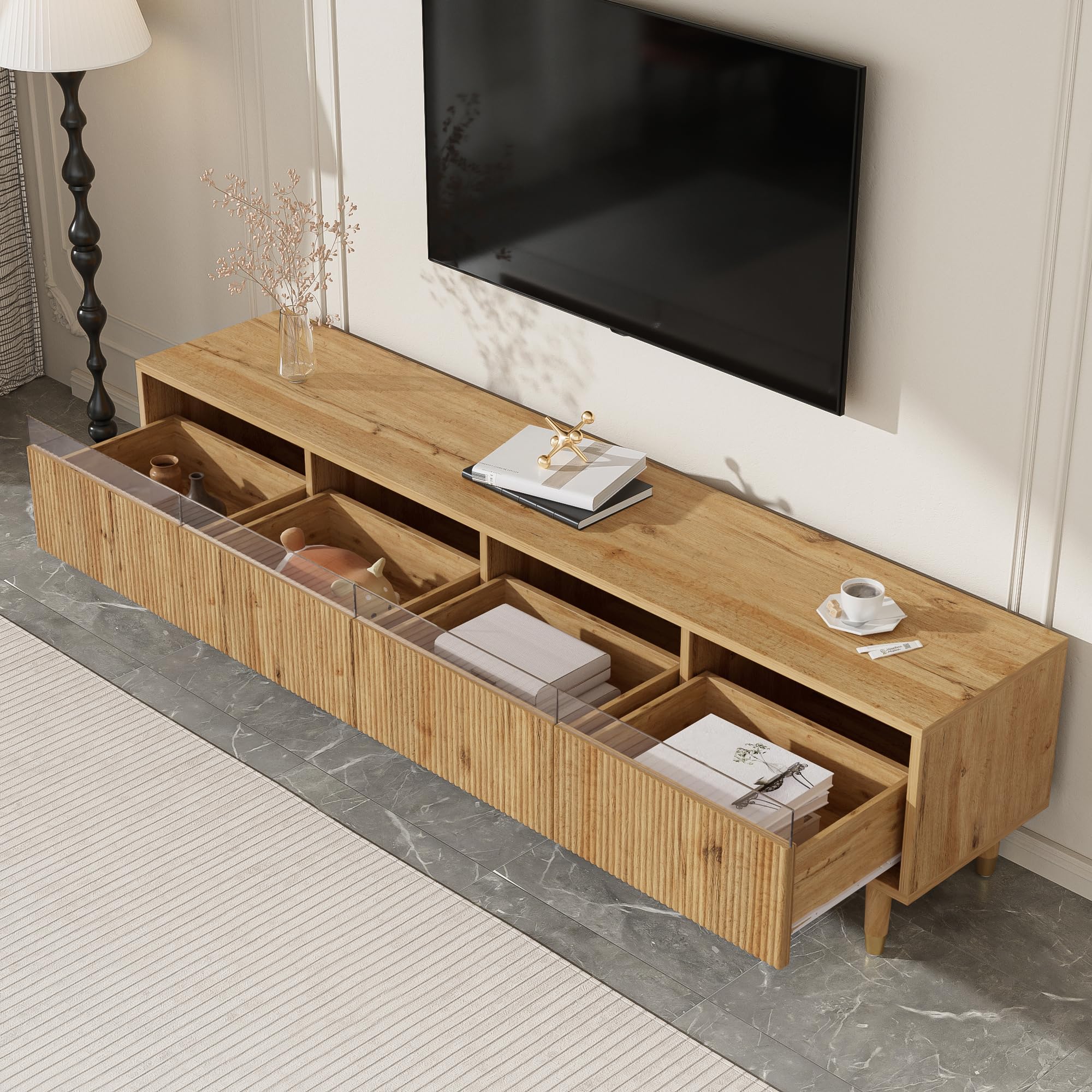Azkoeesy Mobile TV con illuminazione a LED e 4 cassetti, 178 x 35 x 45 cm, con accenti dorati, vano portaoggetti XL per soggiorno, robusto MDF e acrilico, design moderno (naturale)
