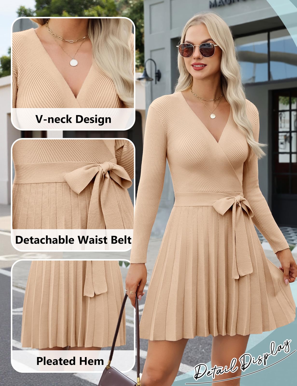 heekpek Robe Pull Femme Hiver Col en V Robes à Manche Longue Sexy Robe Femme Chic et Elegant Automne Elegante Tricot Plissée Jupe avec Ceintures