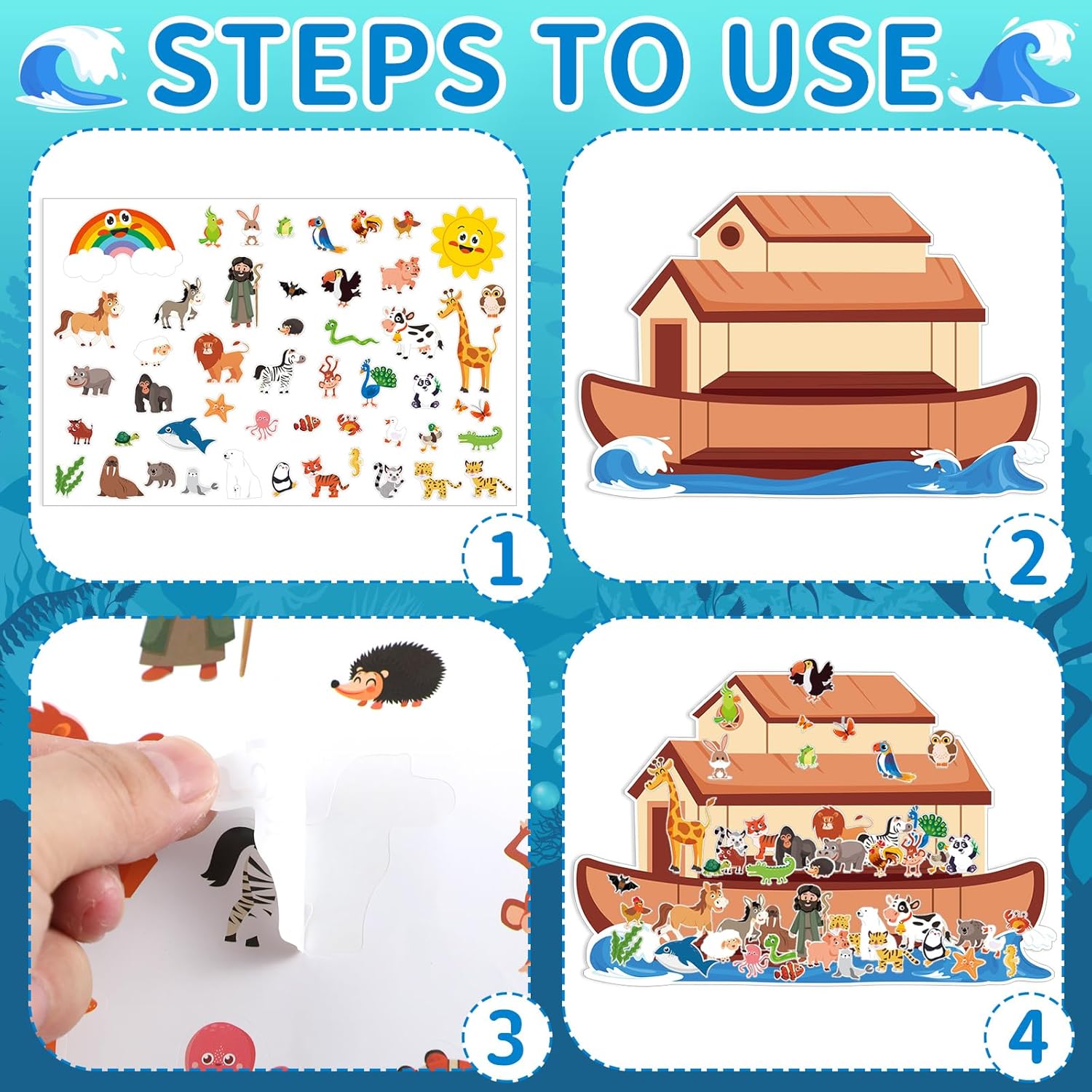 Tenceur 24 Sets Noah's Ark Sticker Scene Including 24 Pcs Noah's Ark Backgrounds and 24 Sheets Animal Stickers, Sunday School Crafts Activities Decorations