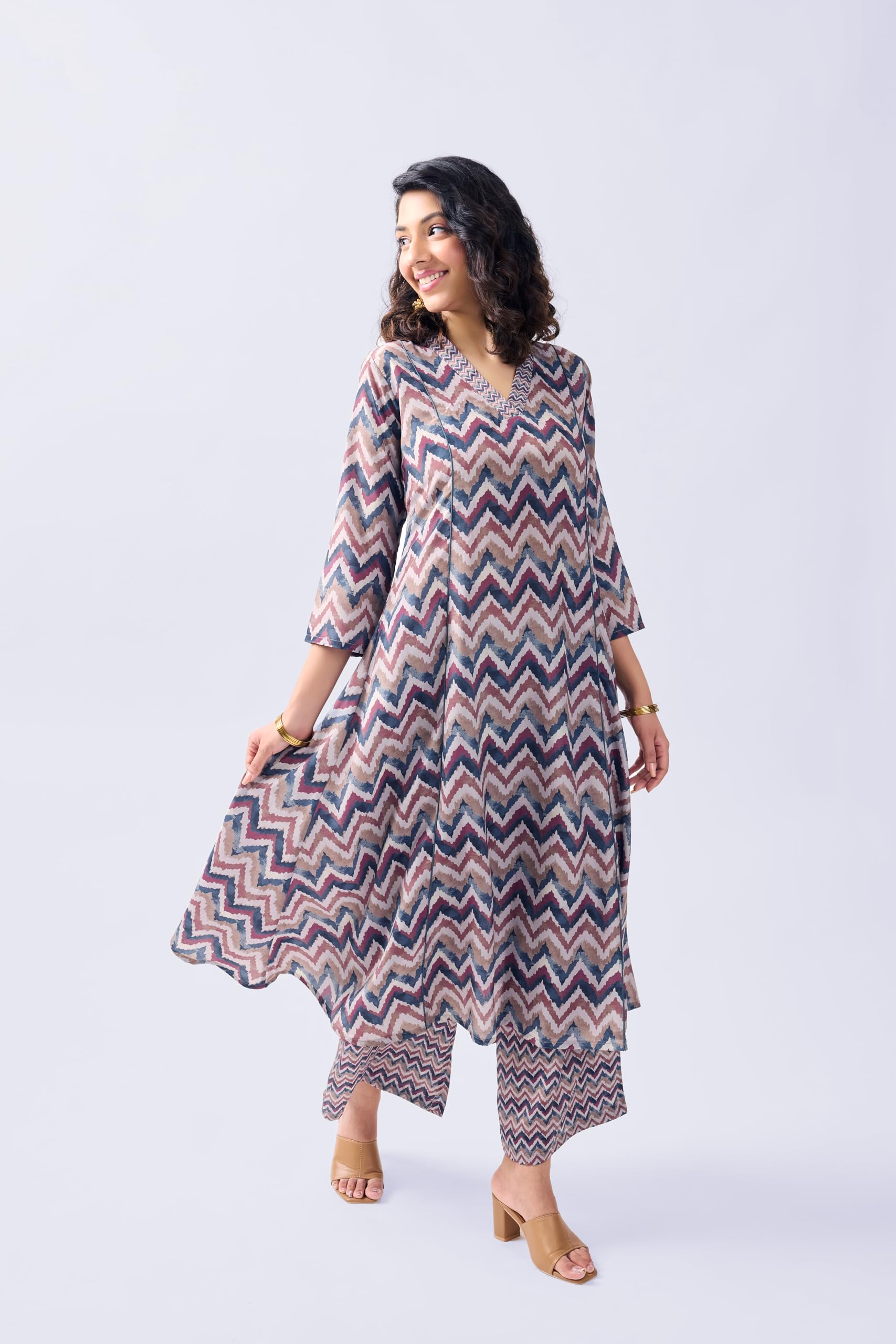Toochki Women's Multicolor Zig-Zag Printed Rayon Stitched Dress | Dress For Women Co Ord Set | Latest Women Dress With Pant | Two Piece Maxi Length Co Ord Set Dress