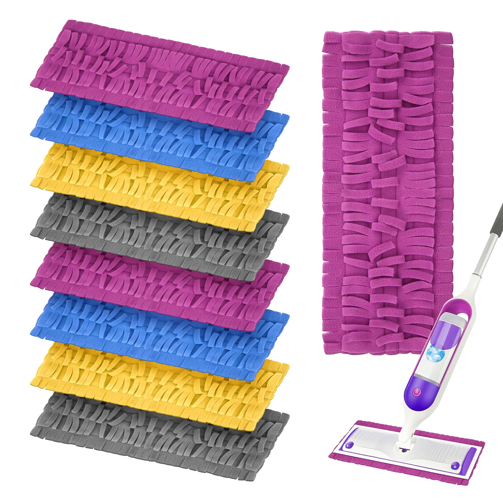 Lot de 8 recharges pour balai à franges Swiiffer Power Mop Multi-Surface Wood Mop - Lavables et réutilisables - En microfibre - Pour tous les sols - 2 jaunes + 2 violets + 2 bleus + 2 gris