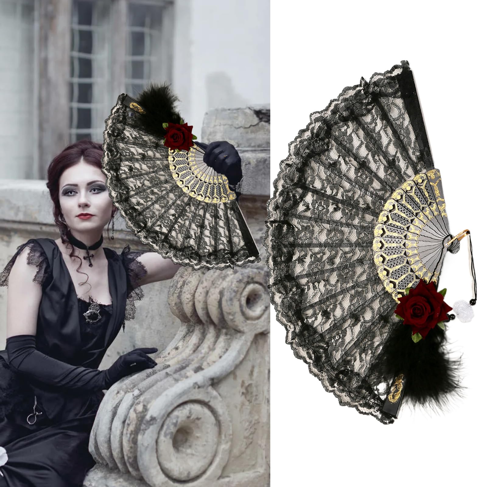 Generic Halloween Black Hand Fan Lace Rose Handheld Gothic Retro Flower Large Folding Fan for Halloween Party Cosplay Costume Photo Props, Halloween Gothic Fan Cosplay Decoration Supplies