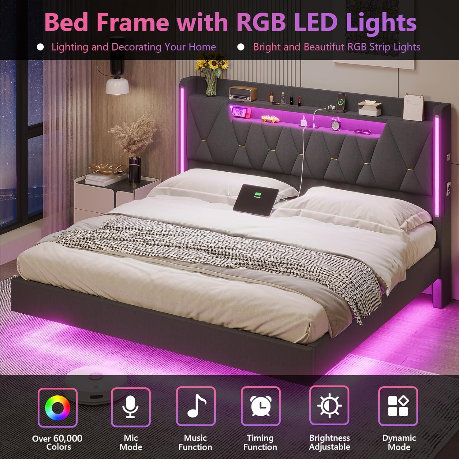 Floating Bed Frame,Floating Bed with LED Lights & Private Storage Headboard,King Size Bed Frame with Charging Station, Fabric Platform Bed,King Size Bed No Box Spring Needed, Noise-Free,Dark Gray