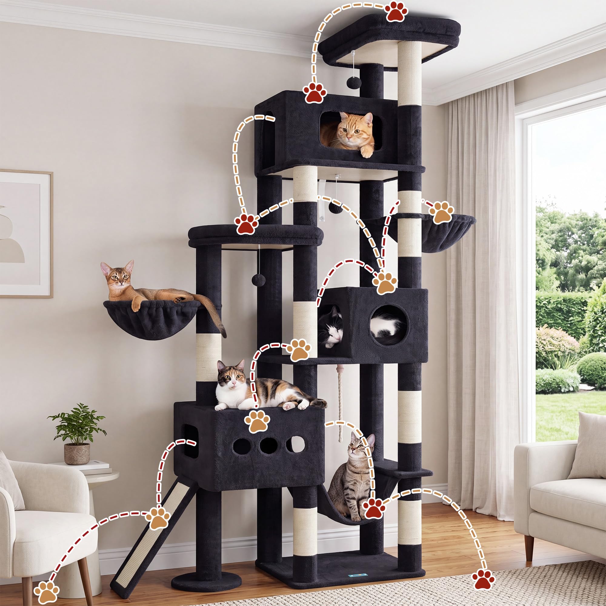 Gitelsnour Arbre À Chat 225 cm XXL – Arbre Stable pour Chats Grands, 3 Niches, 2 Paniers Suspendus, Hamac, Planche À Griffer, 2 Plates-Formes D'Observation, Socle Stable, Gris Foncé GCT808G