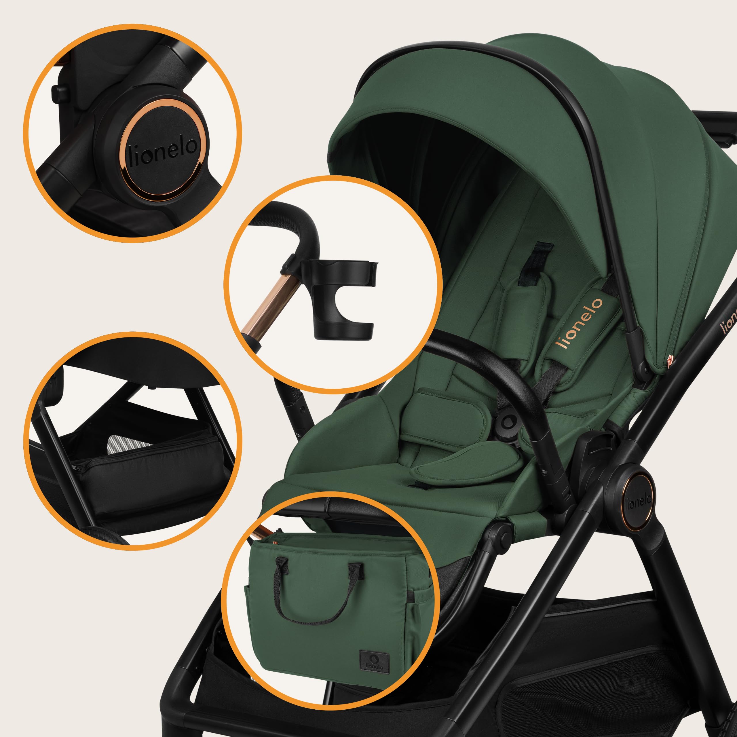 LIONELO LAYLA 3 en 1 Poussette combinée 0-48 mois 22 kg Nacelle 9 kg Siège auto 13 kg AiryDots Roues PU pivotantes 360° Suspension complète Green