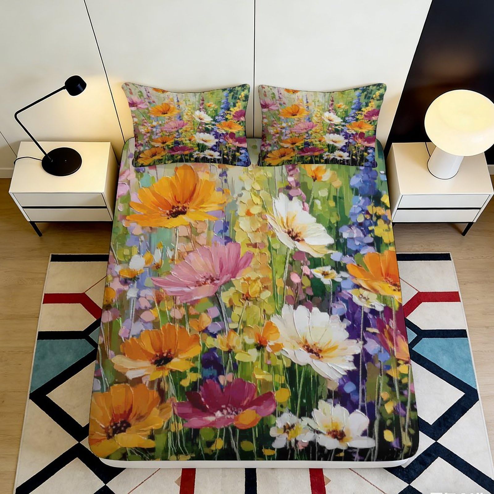 3D Printed Wildflower Bloom Fitted Sheet Microfiber Soft Breathable Meadow Floral Mattress Cover for Bedroom Guestroom Dorm Decor 90x200x25cm
