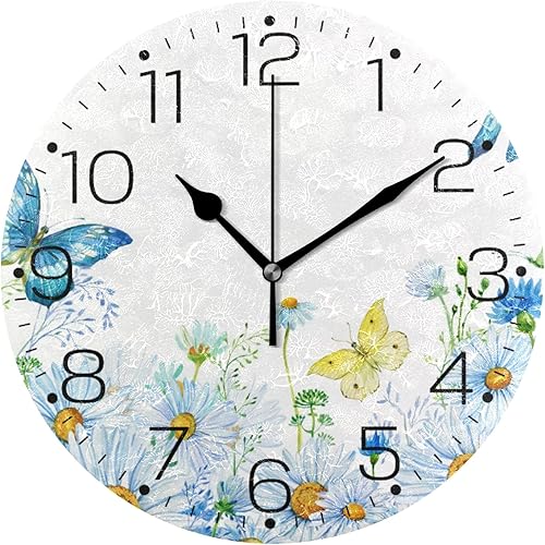 Tarity Reloj de pared con diseño de margaritas blancas, funciona con pilas, sin tictac, reloj de pared redondo moderno decorativo para sala de
