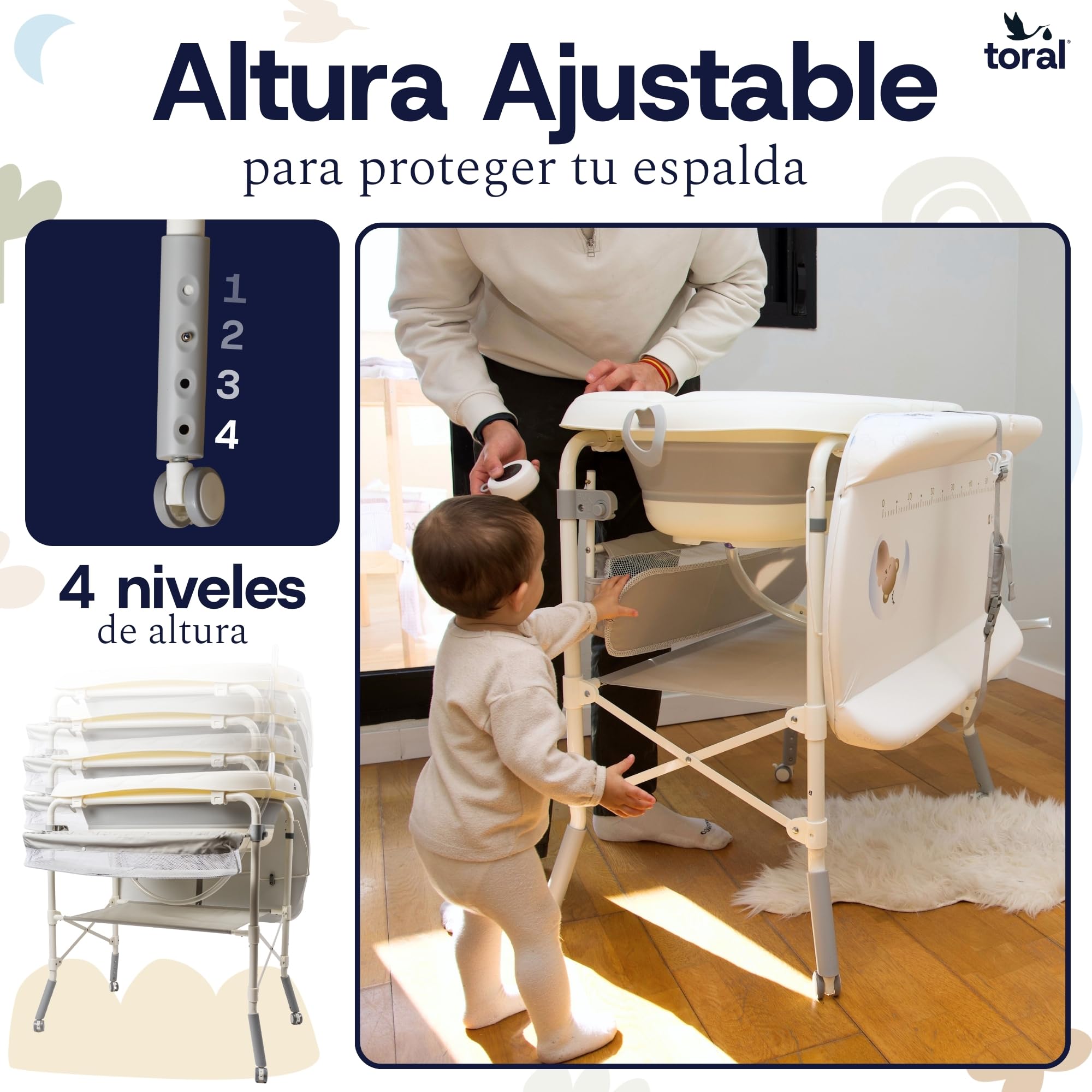 toral Bañera bebe plegable con cambiador y patas regulables - Bañera cambiador bebe plegable con termómetro, ruedas con freno y almacenamiento - Ideal para recién nacidos y bebés hasta 36 meses