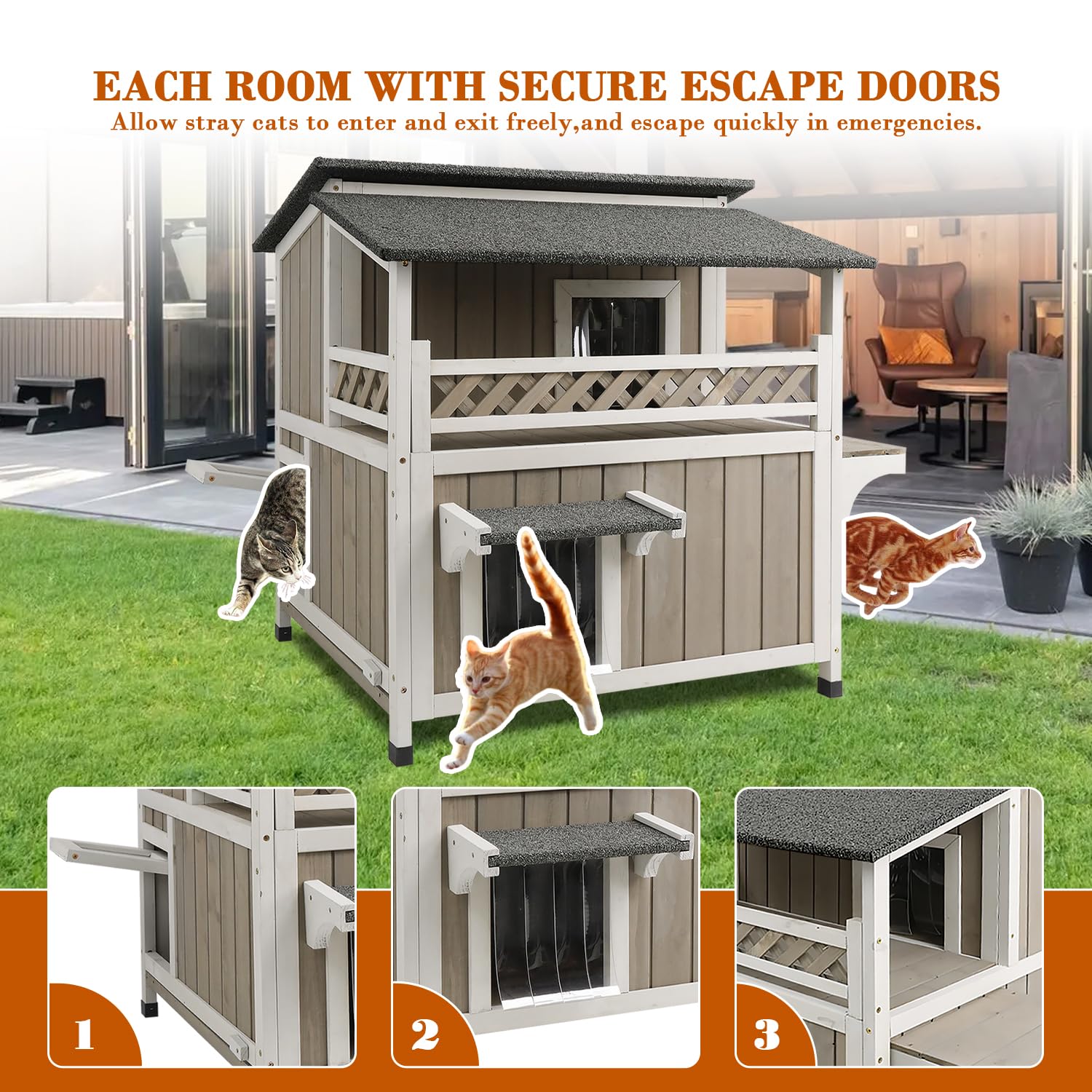 Outdoor Cat House Outside Weatherproof Feral Cat Shelter Two Story Wooden Cat Houses for 1-2 Cats with Balcony Pull Out Floor 3 Escape Doors Waterproof Roof