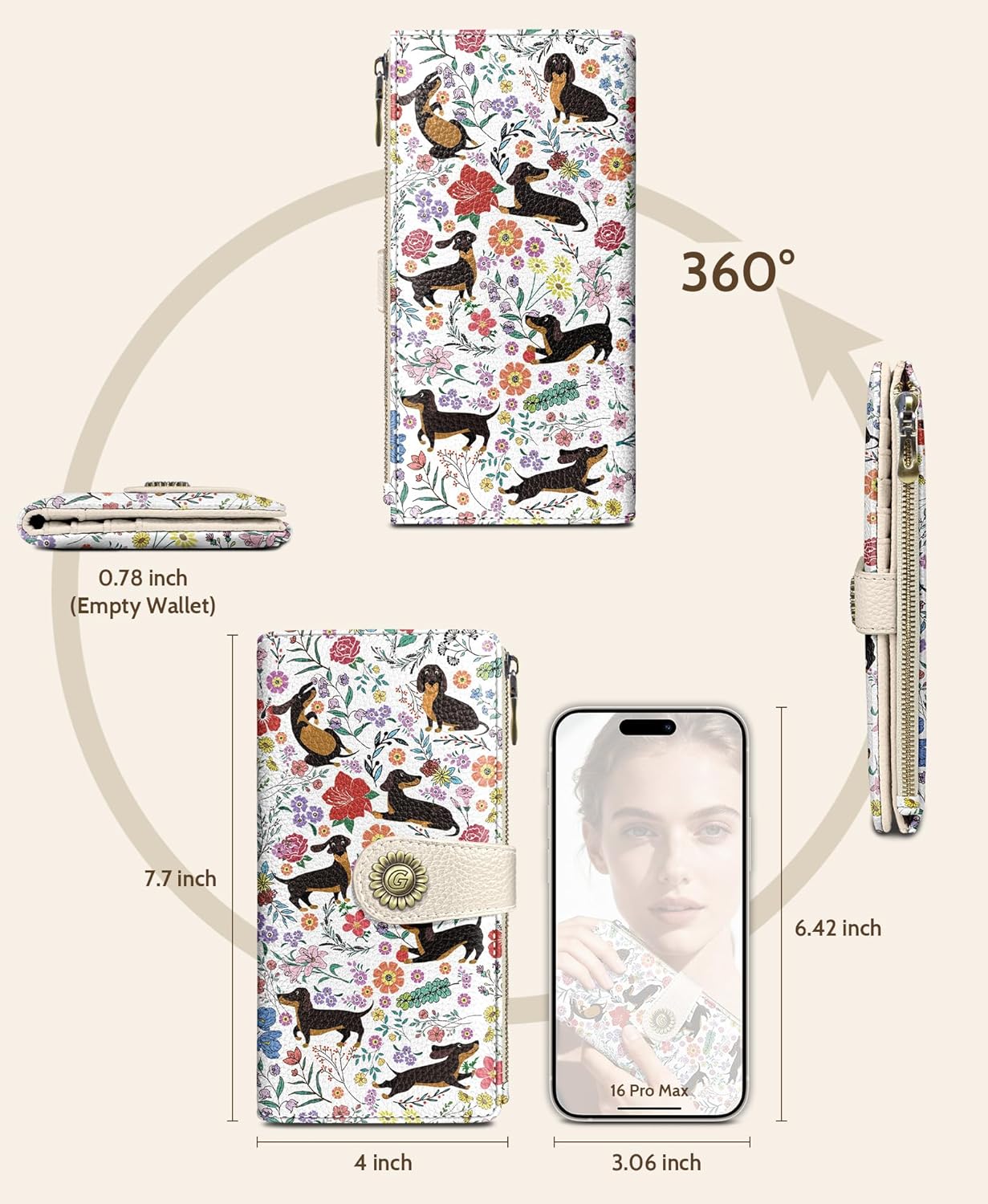 GIANCOMICS Dachshunds Dog Womens Wallet RFID Blocking, Puppy Flower Credit Card Holder Bifold, PU Leather Travel Billfold, Long Cute Cash Purse, Zipper Coin Pocket Clutch, Card Slot, Ladies Gift Woman - Image 5