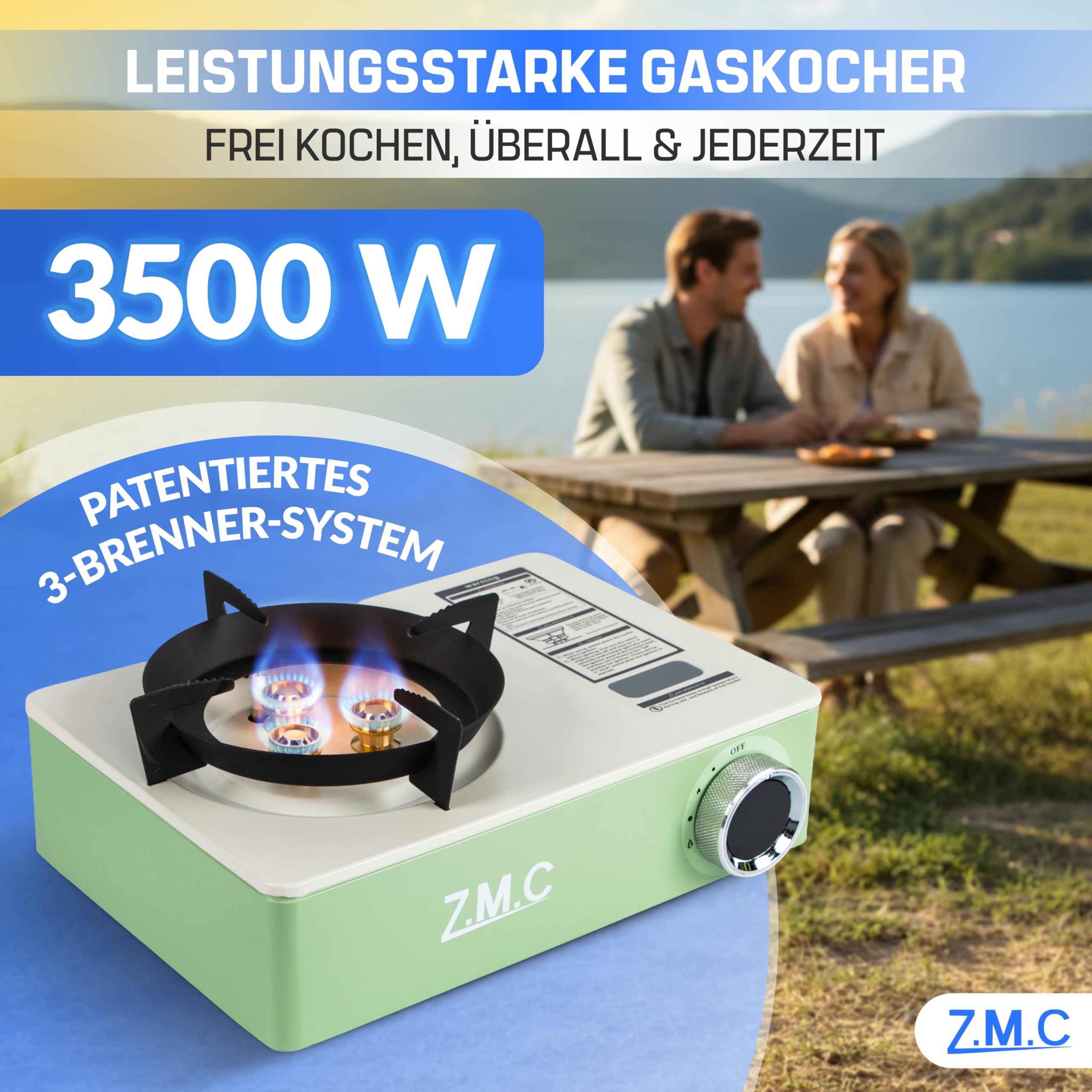 Z.M.C Gaskocher 1-flammig 3,5 kW inkl. 8x Gaskartuschen 227g | 3-Brenner & Piezo-Zündung | Campingkocher mit Transportkoffer | kompakt 1,4 kg | Camping Outdoor