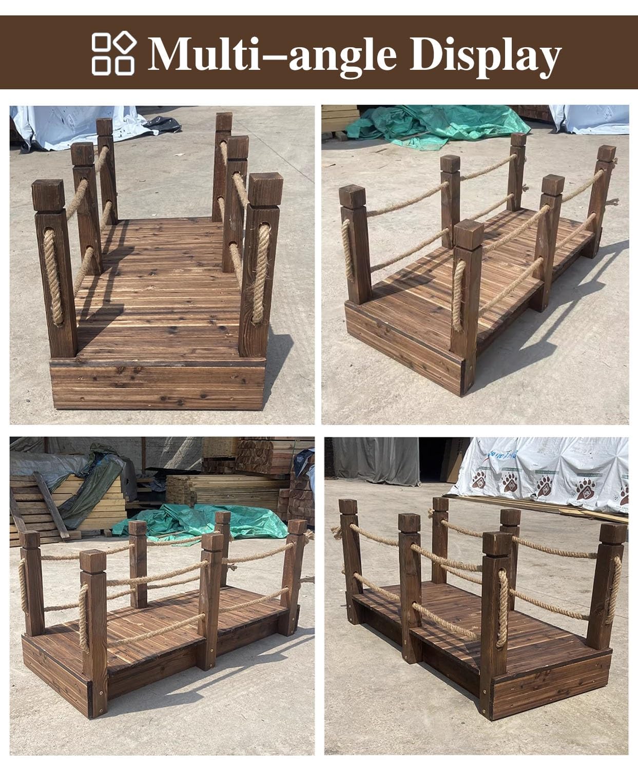 Ponte per laghetto per esterni, decorazione da giardino in legno, ponte carbonizzato per prato, patio e sentiero del capanno