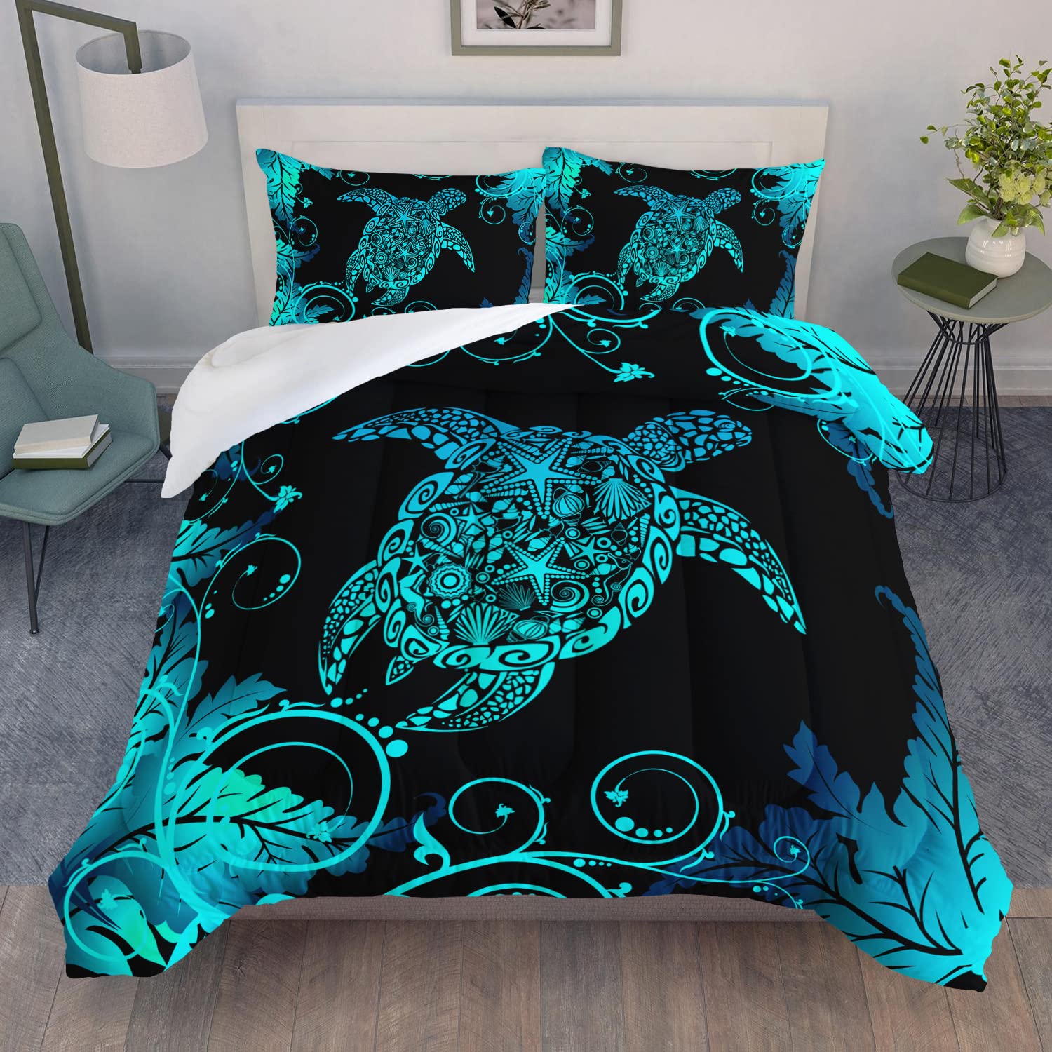 AILONEN Polynesian Sea Turtle Comforter Set Queen Size, Dreamy Aqua Blue Bedding Fluorescence Texture Plant Abstract Turtle Star Conch Quilt Set All Season 3Pcs (1 Comforter + 2 Pillowcases)