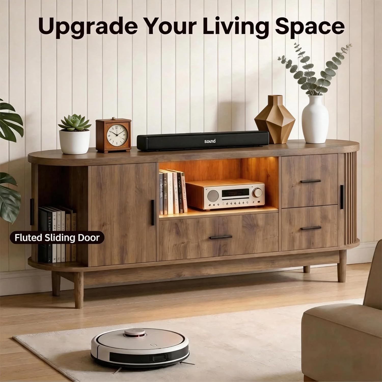 Haewon 63" Mid Century Modern TV Stand for TVs up to 75 Inch, Wood Entertainment Center with LED Lights and Power Outlet, Modern Media Console with Sliding Doors for Living Room or Bedroom, Walnut