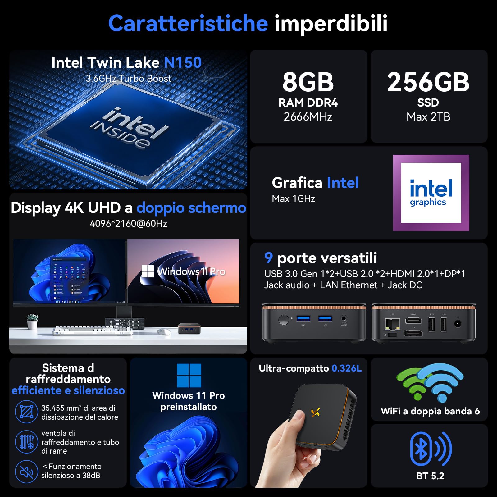 Huidun H50 Mini PC W-11 Pro, Intel Twin Lake N150 (N100/N97 aggiornato), 8 GB di RAM 256 GB di SSD Mini Computer, 4K@60Hz UHD, WiFi 6, BT 5.2, USB/HDMI/DP per lavoro/casa/scuola