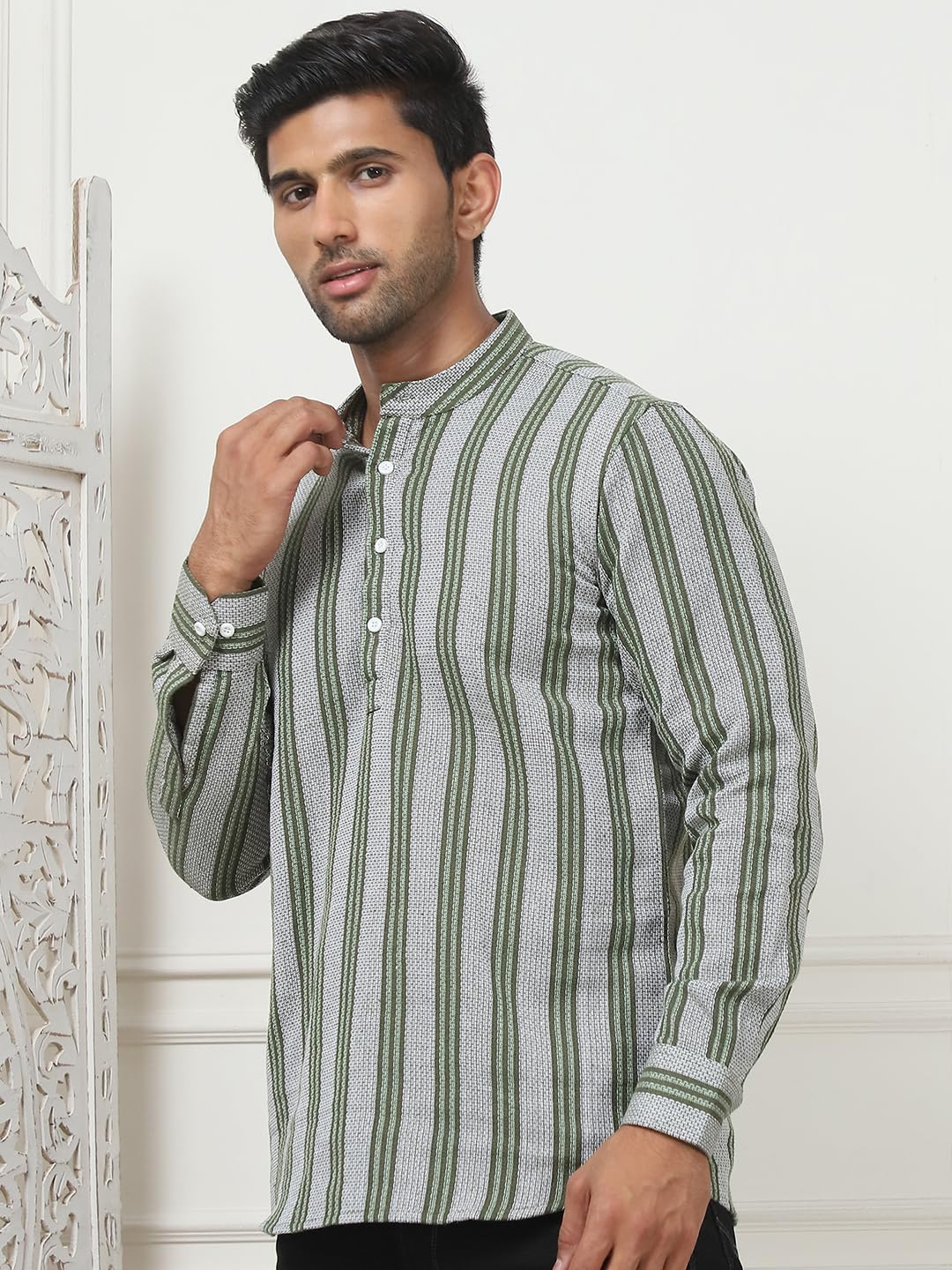 Jompers Olive Woven Design Cotton Short Kurta For Men. (Olive, Xl)