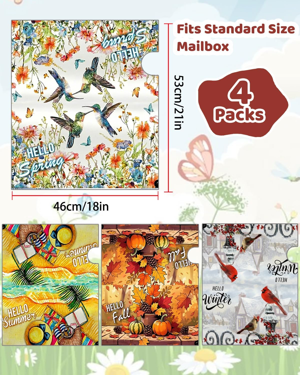 4 Pcs Seasonal Mailbox Covers Magnetic Standard Size - 18x21 Spring Summer Fall Winter Magnetic Mailbox Wraps, Weatherproof Holiday Postbox Cover for Garden Yard Decor, Gift for Mom Grandma