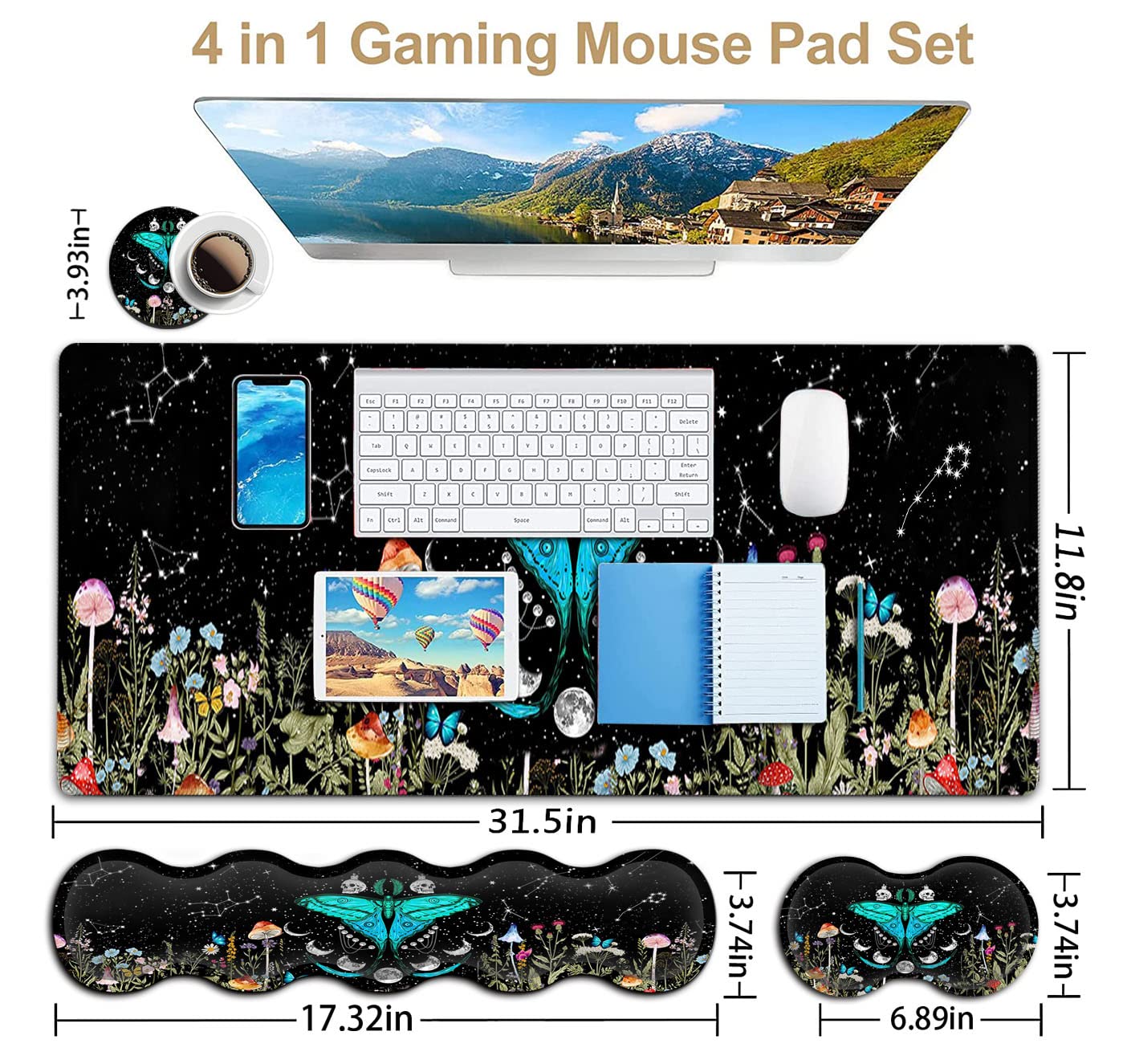 Großes Mauspad, ergonomische Maus-Handgelenkstütze + Tastatur-Handgelenkauflage-Set + erweitertes Gaming-Mauspad, Motte, Mondphase, Hexe, Büro, Schreibtischmatte, Zubehör, Schreibtischunterlage
