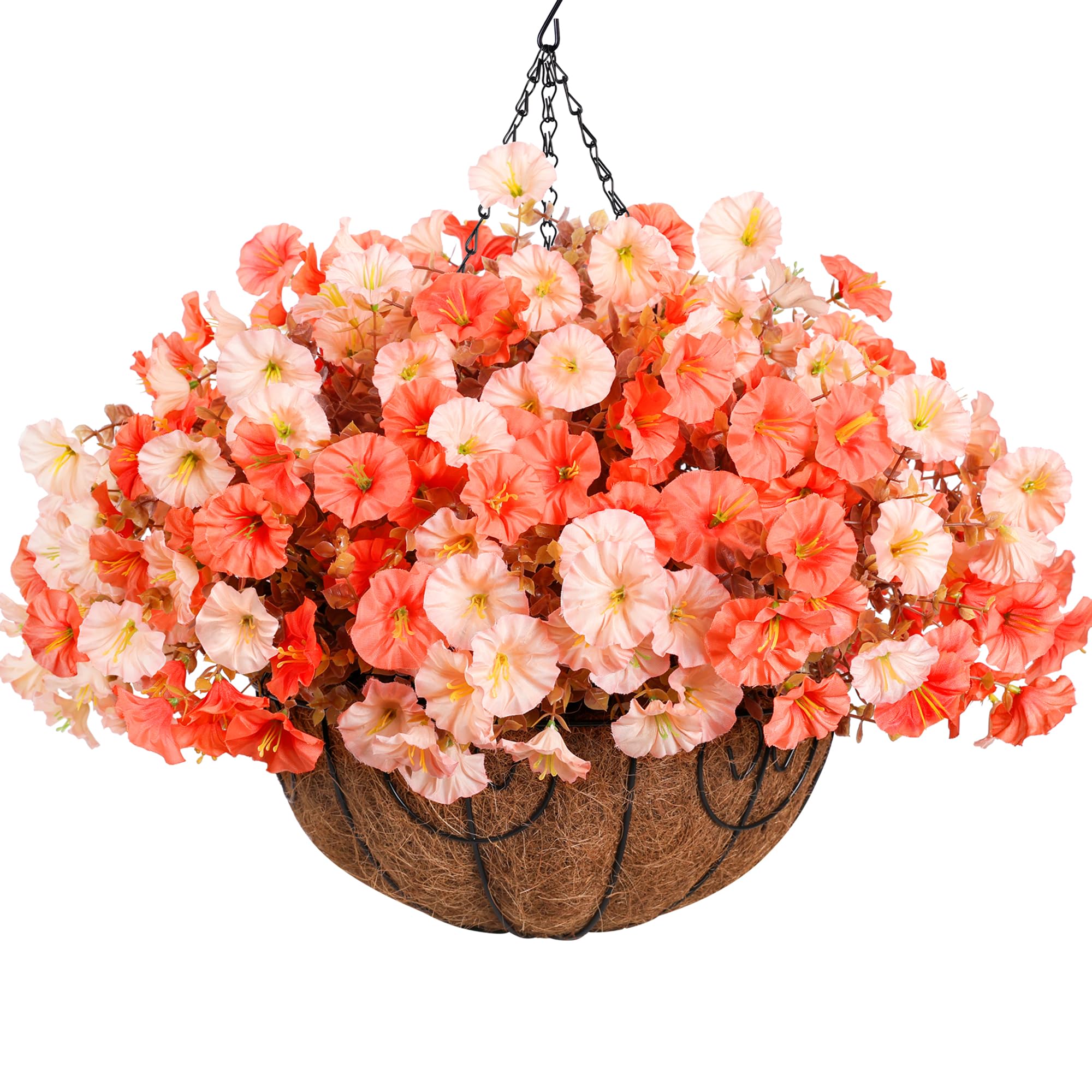 Artificial Fake Hanging Flowers with Basket for Fall Decoration, 12 Bundles Faux Silk Morning Glory Plants for Outdoor Planters, Realistic UV Resistant Artificial Flowers for Outside Porch Garden