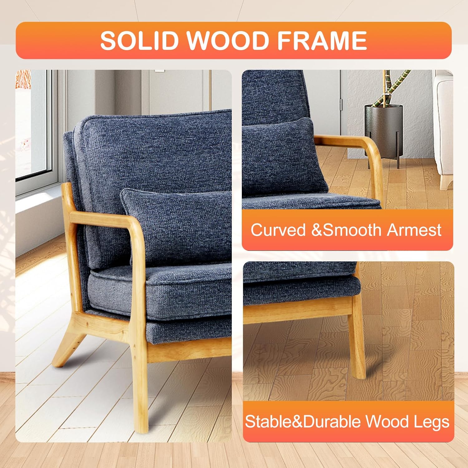 Mid-Century Accent Chair Set of 2 with Solid Wood Frame, Reading Relaxing Armchair Lumbar Pillow& Soft Cushion, Leisure Chair for Living Room, Bedroom, Waiting Room-Blue