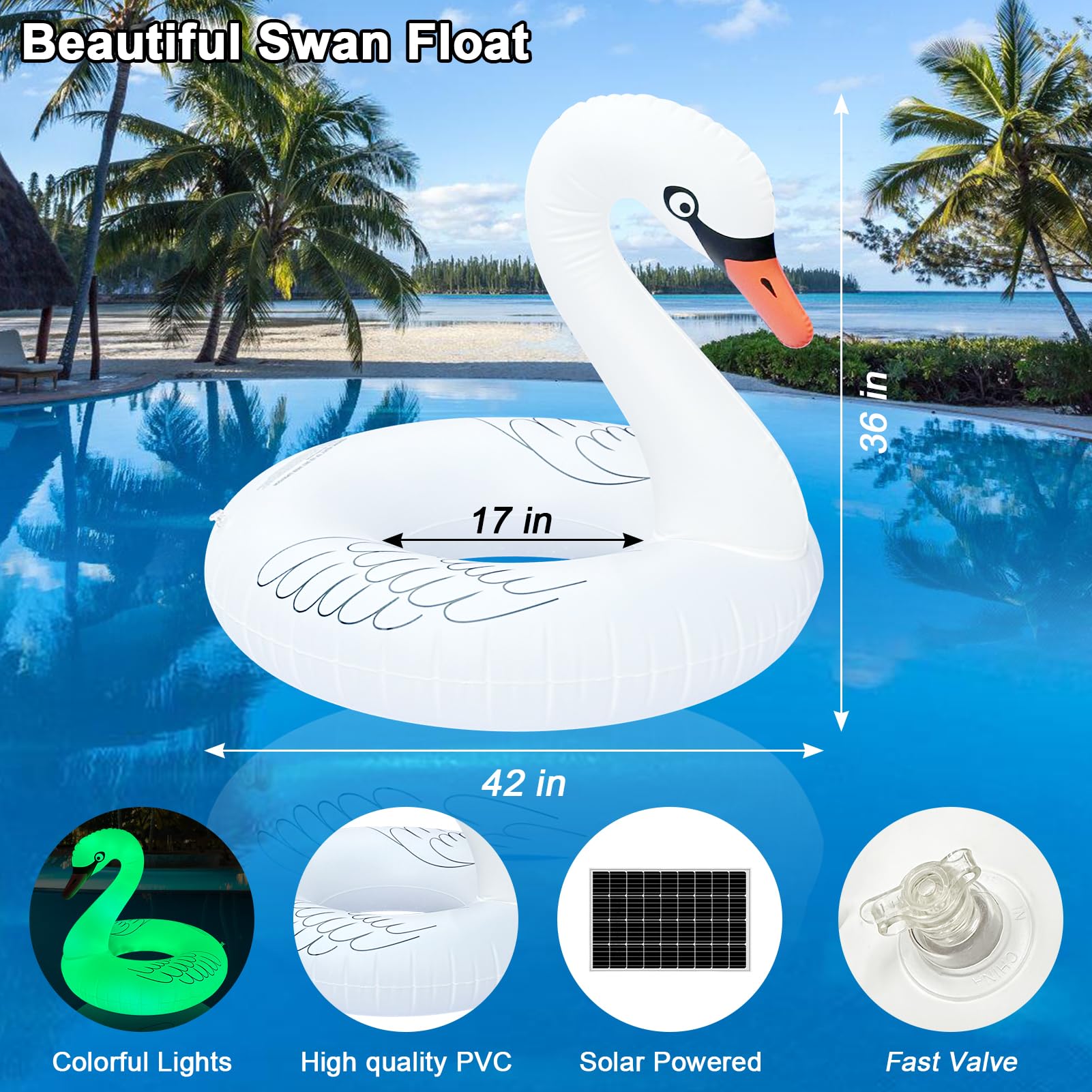Flotteurs gonflables en forme de cygne avec lumières colorées, LED à énergie solaire à changement de couleur, 106,7 cm, grand flotteur de plage, flottant, flottant, piscine d'été, radeau, salon pour Flotteurs gonflables en forme de cygne avec lumières colorées, LED à énergie solaire à changement de couleur, 106,7 cm, grand flotteur de plage, flottant, flottant, piscine d'été, radeau, salon pour