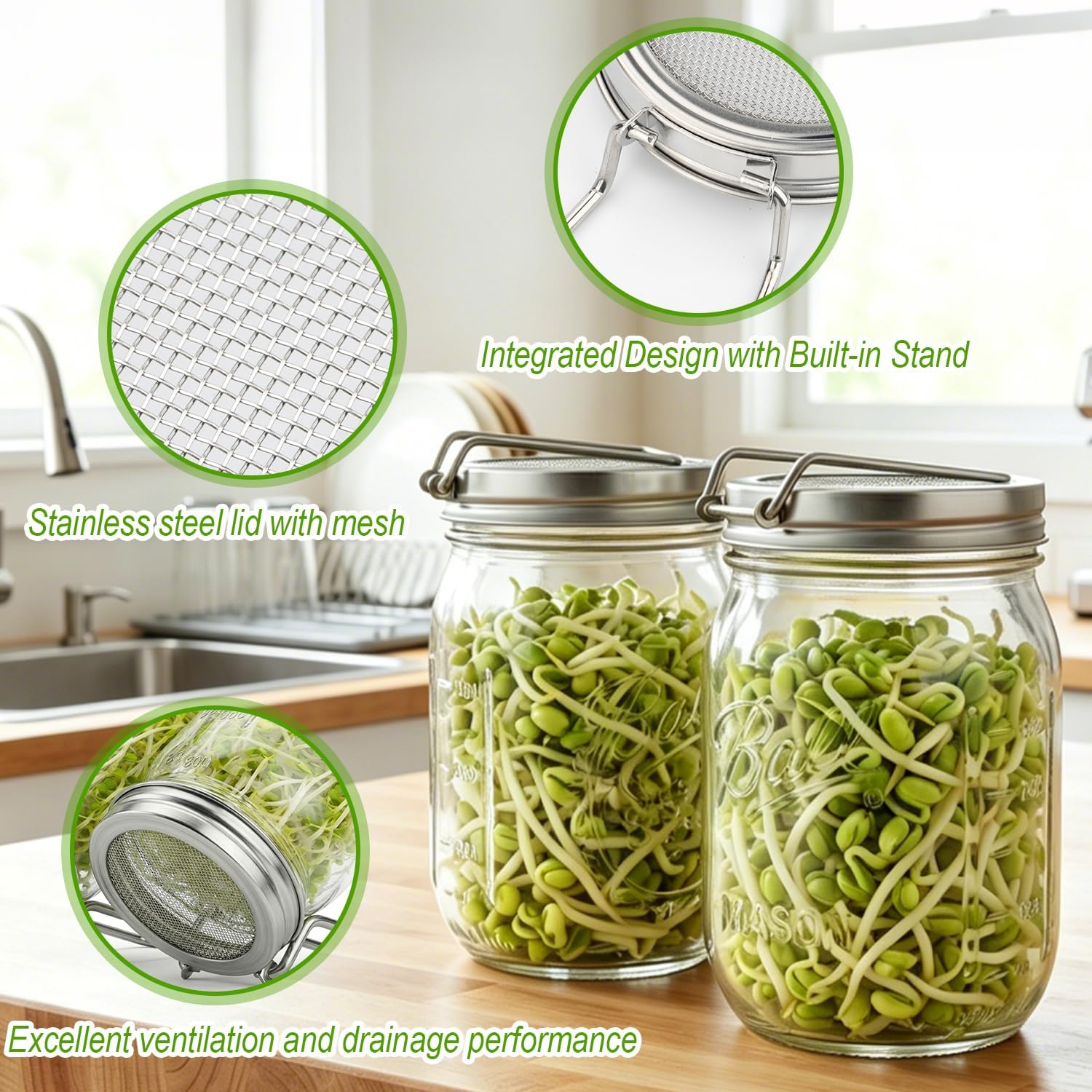 Sprouting Lids for Wide Mouth Mason Jars, 2 Pack Stainless Steel Sprouting Jar Lids with Built-in Stand, Rust-Proof Mesh Screen for Sprouting Kit, Seed Growing Lid for Broccoli & Mung Beans