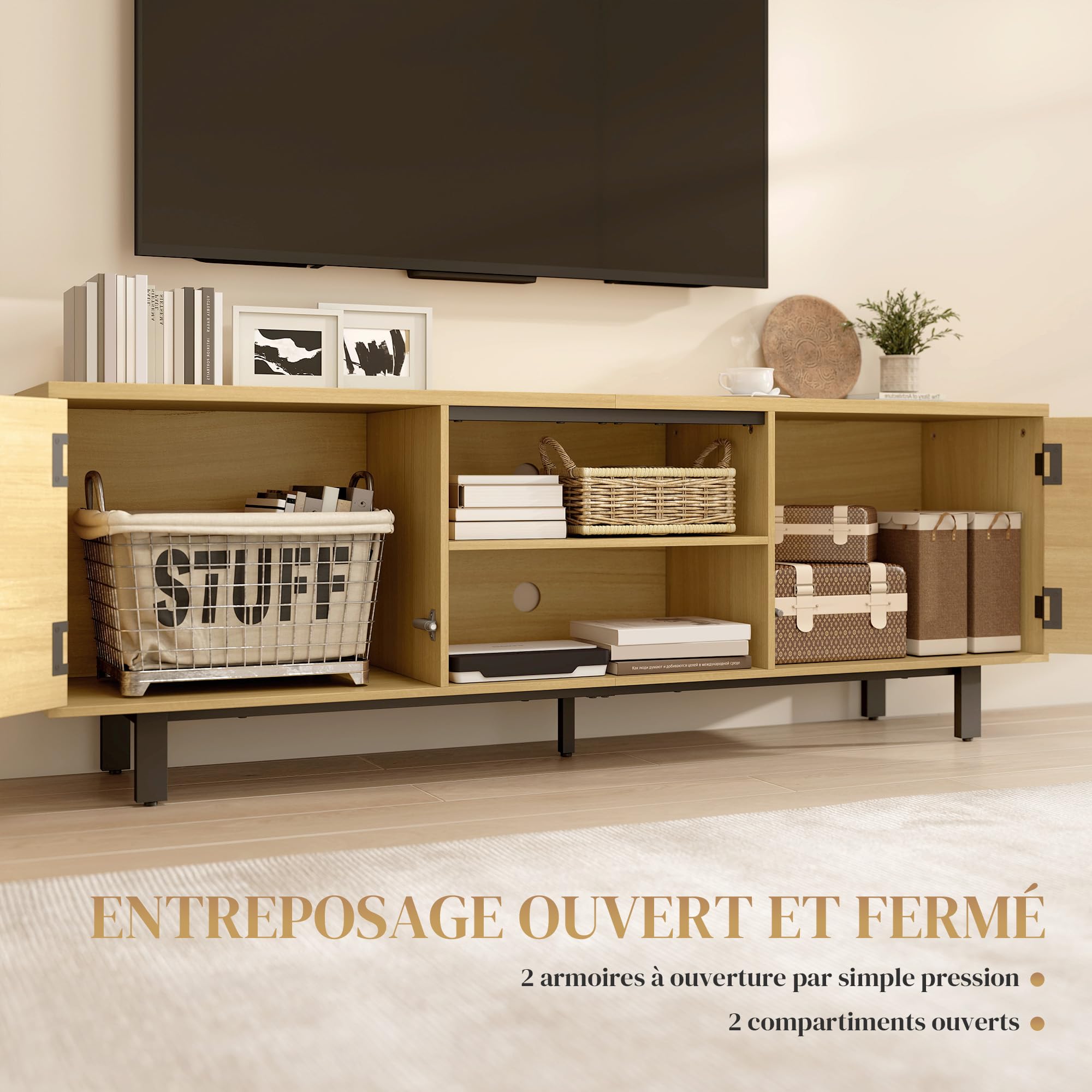 Soporte de TV HOMCOM 160 cm, soporte de TV para televisores de hasta 65" con 2 puertas y 2 estantes abiertos, patas de metal, banco de TV para salón, dormitorio, madera natural