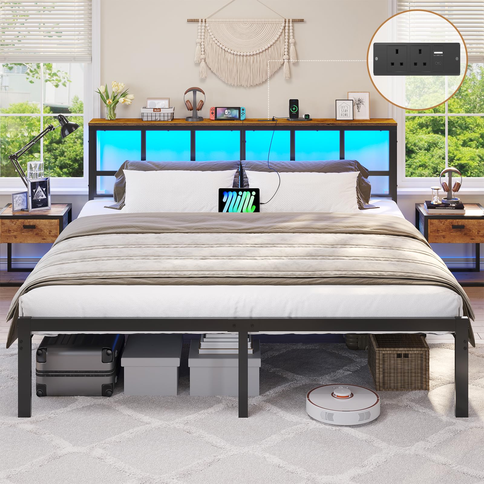 Brinlawb King Size Bed Frame with Power Strip & LED Lights, Stable and Sturdy Metal King Bed Frame with Headboard, 150x200cm King Bed, Metal Platform Bed Frame, No Box Spring Needed, Easy to Assemble