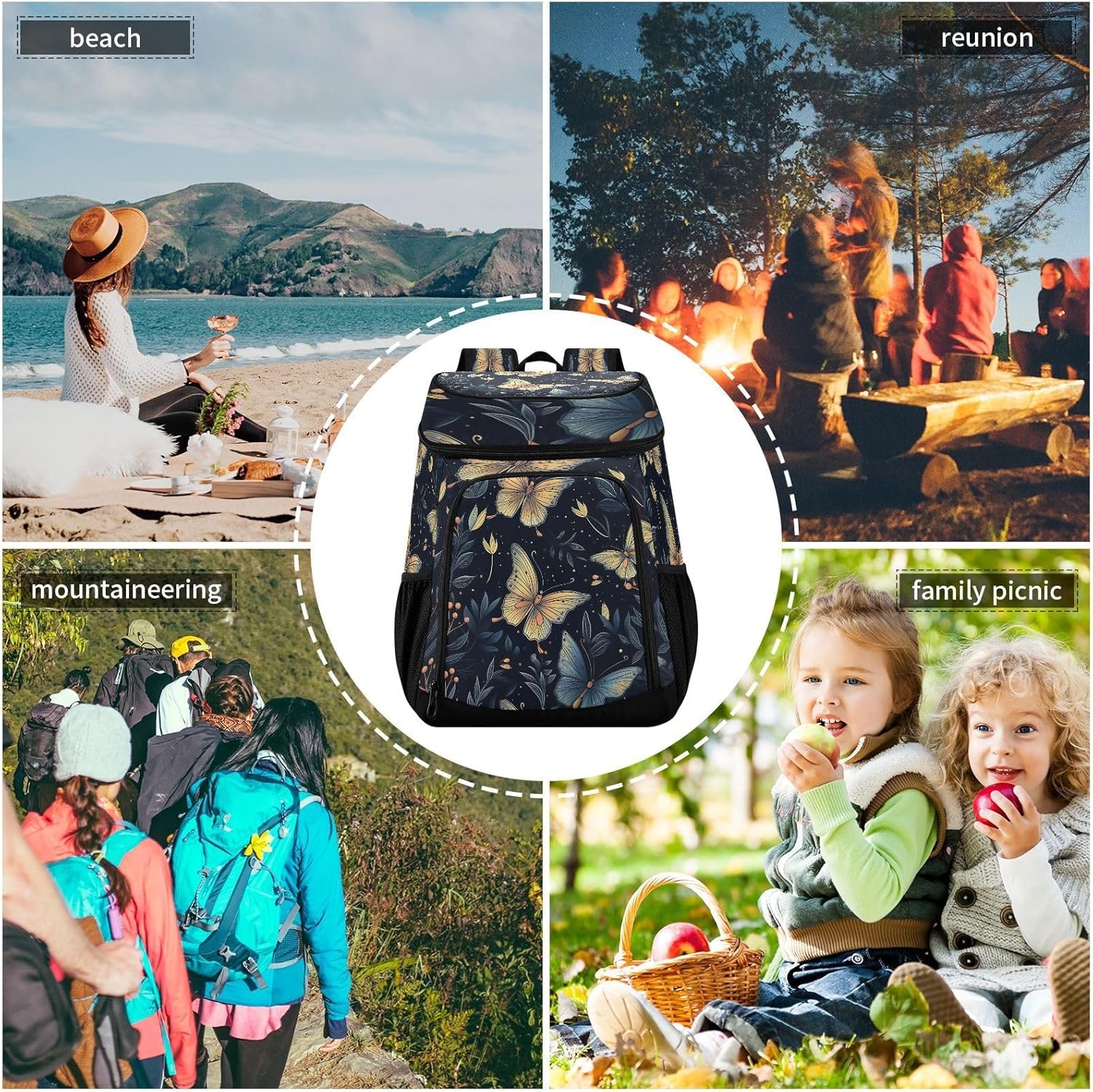 Golden Butterfly Cooler Backpack 36 Cans Leakproof Waterproof Backpack Cooler Bag Beach Accessories Travel Camping Fishing Backpack for Women Men