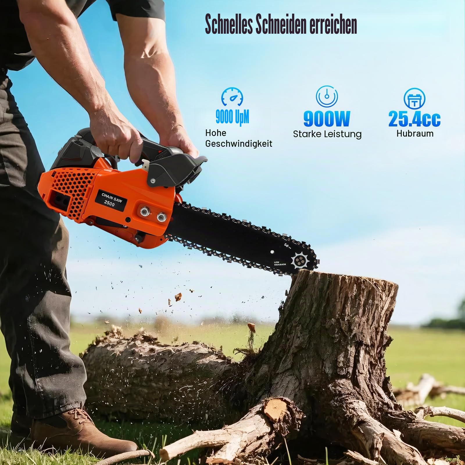 12 Zoll 25.4CC Gas-Kettensäge, BenzinKettensäge mit Oberem Handgriff, 2-Takt-Motor-Kettensäge Benzin Leichte Säge Garten-Heckenschere BaumpflegesäGe für Gärten Parks Farmen, 9000U/min